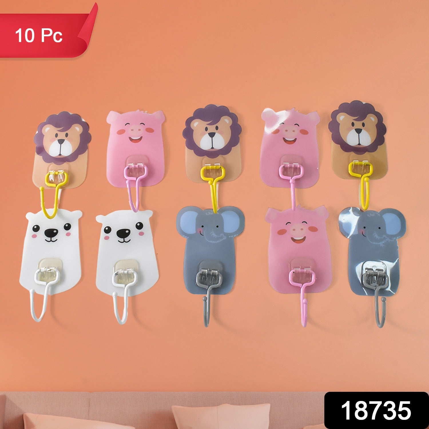 Cartoon Animal Design Adhesive Hooks on Wall