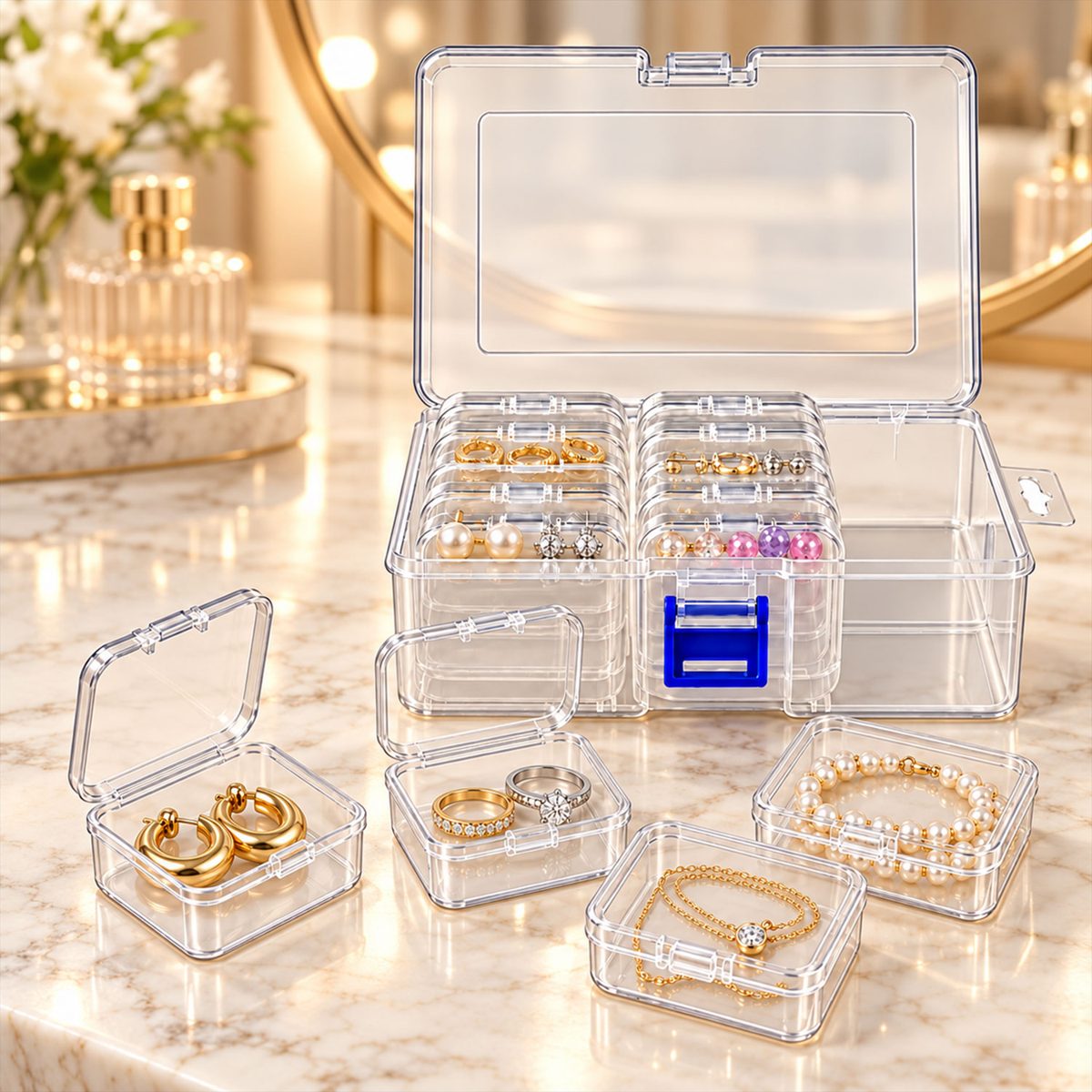 Transparent Compartment Storage Box with Removable Mini Cases (1 Pc)