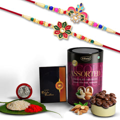 (K2_557+558_AS) Rakhi with Assorted Chocolate Dryfruits 96gm| Rakhi for brother with gift | handmade rakhi |rakhi combo for brother | stylish rakhi for brother | Set of 2 Rakhi |