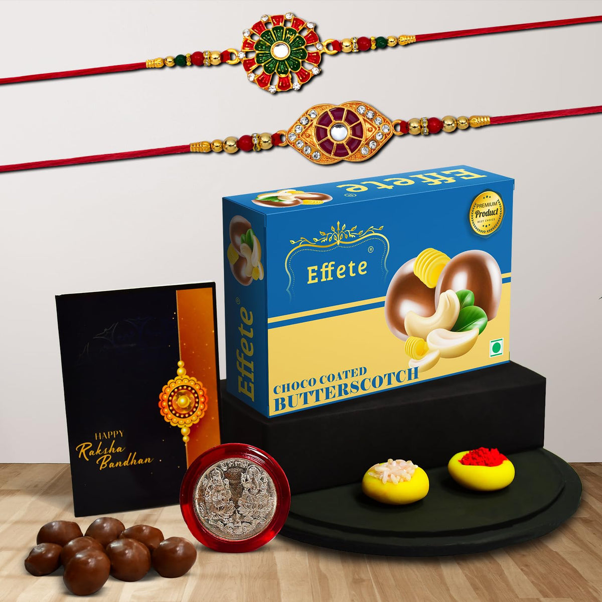 (K2_553+554_BS32) Rakhi Combo with Chocolate Butter Scotch 32gm, Rakhi for brother with gift, chocolate gift pack, rakhi with Chocolate Gift Hemper, Fancy Rakhis for men, Set of 2 Rakhi