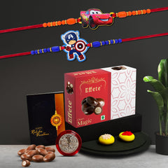 (K2_870+871_EM32) Rakhi Combo with  Chocolate Magic 32gm, Pooja Coin & Greeting Card, kids rakhi with gift, rakhi with gift for kids, rakhi for kids, Rakhi with chocolate, rakhi for brother kids, rakhi for kids boy, rakhi set of 2