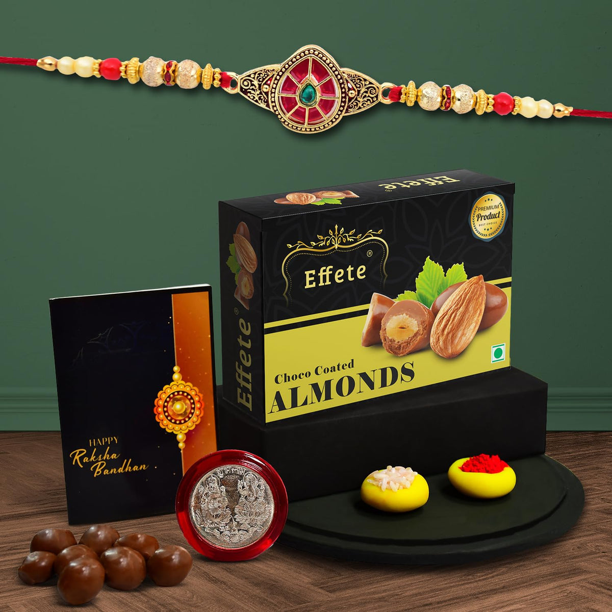 (K1_552_CA32) Rakhi Combo with Chocolate Almonds 32gm, Rakhi & Chocolate for brother, Fancy Rakhis for men stylish, rakhi with gift, Rakhi Combo, Set of 1, Chocolate