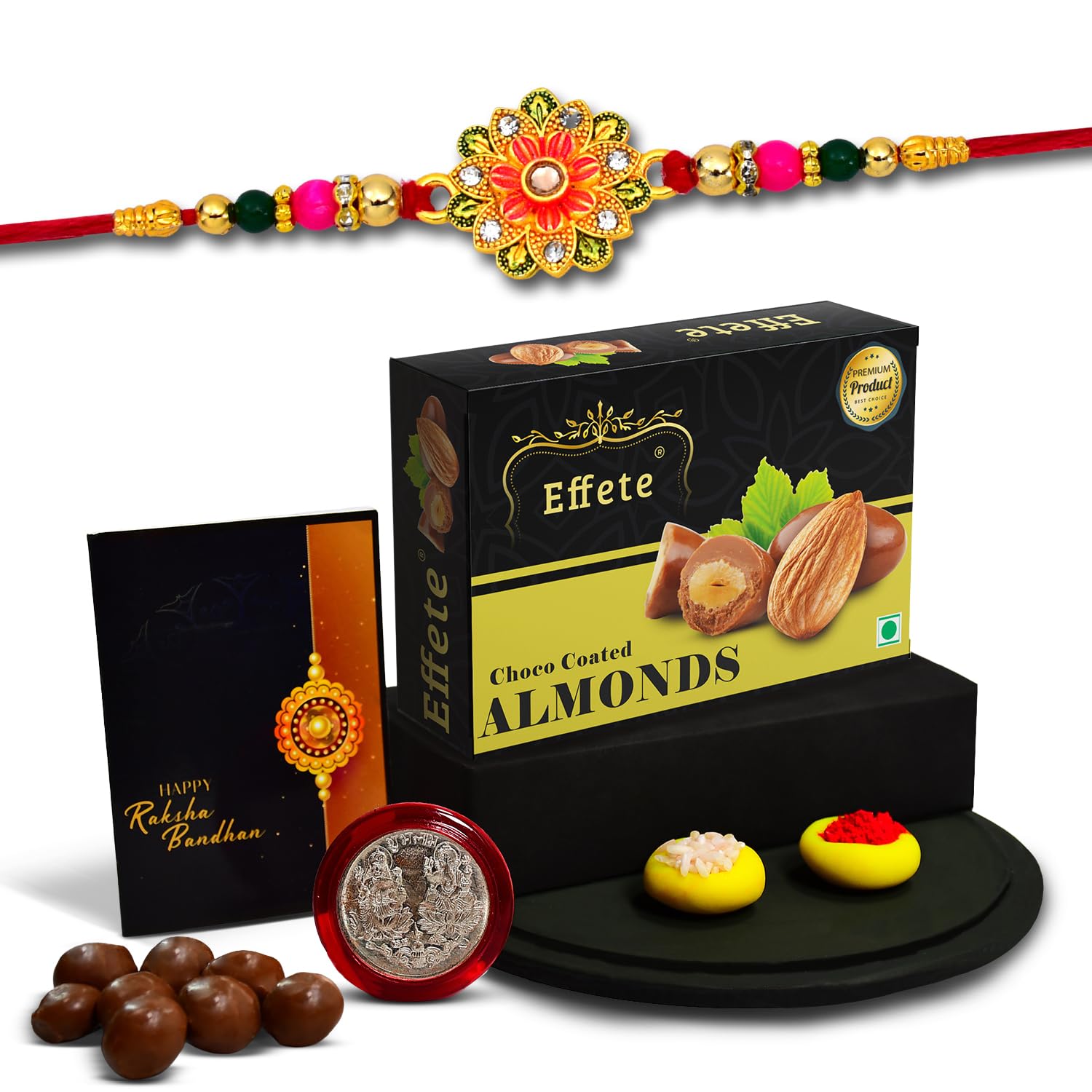 (K1_322_CA32) Rakhi Combo with Chocolate Almonds 32gm | stylish rakhi for brother | Rakhi & Chocolate for brother | rakhi brother | rakhi with gift | handmade rakhi | Set of 1