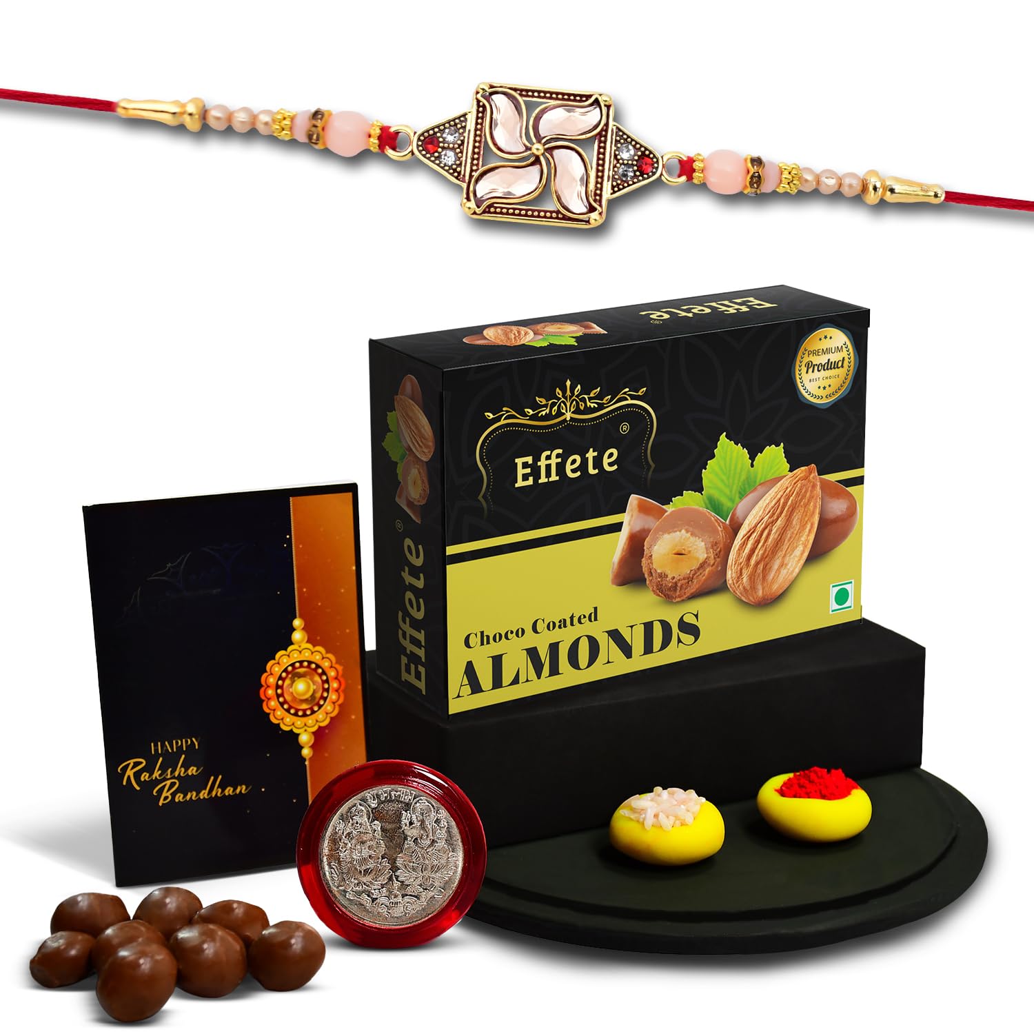 (K1_426_CA32) Rakhi Combo with Chocolate Almonds 32gm, stylish rakhi for brother, Rakhi & Chocolate for brother, rakhi brother, rakhi with gift, handmade rakhi, Set of 1 Rakhi