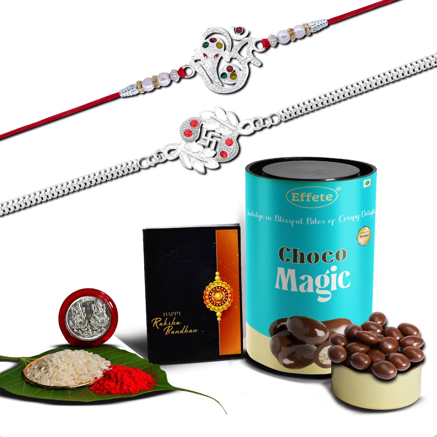 (K2_A8+A45_CM) Rakhi Combo with Chocolate Magic, Rakhi for brother with gift, chocolate gift pack, rakhi with Chocolate Gift Hemper, Fancy Rakhis for men, Set of 2 Rakhi