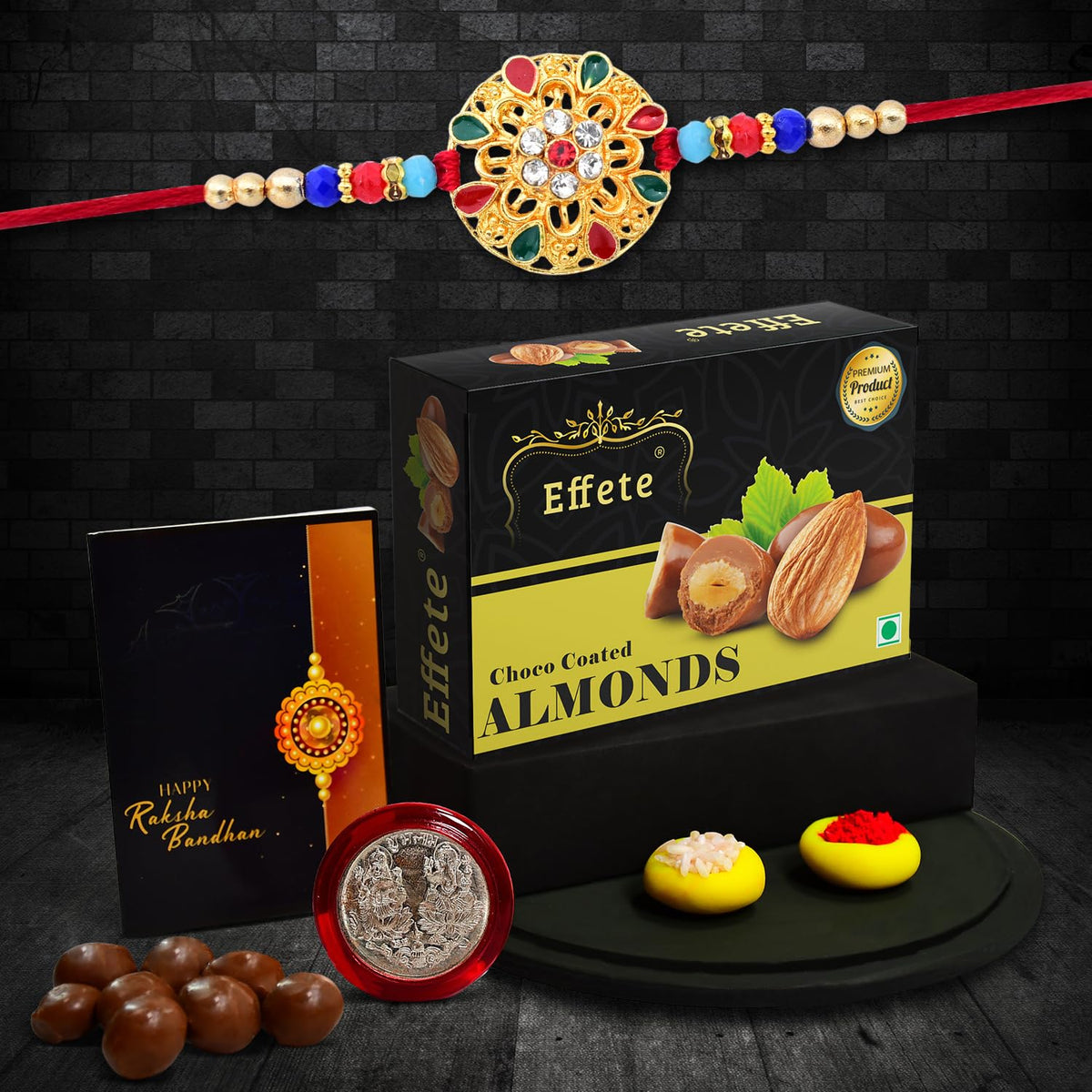 (K1_430_CA32) Rakhi Combo with Chocolate Almonds 32gm | stylish rakhi for brother | Rakhi & Chocolate for brother | rakhi brother | rakhi with gift | handmade rakhi | Set of 1
