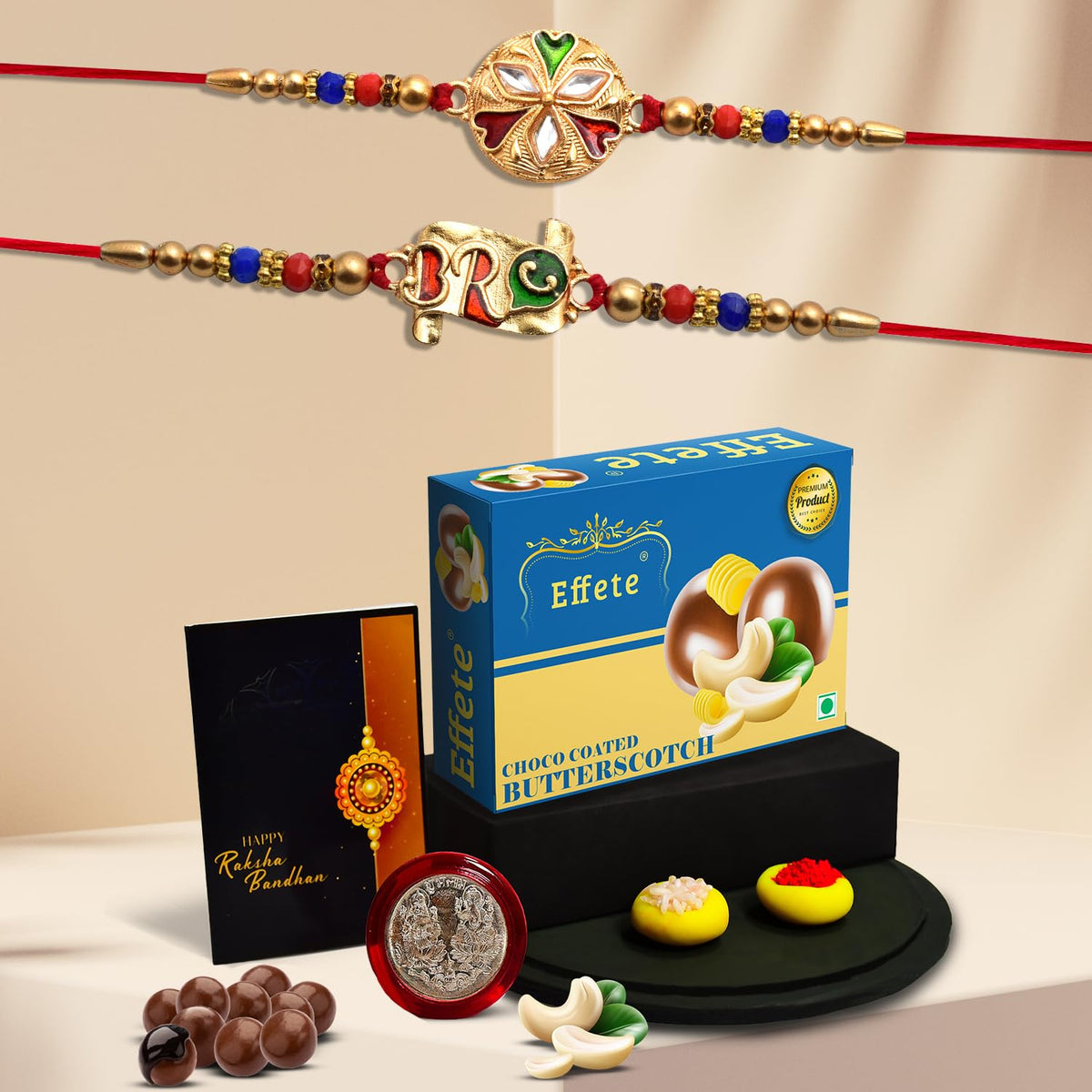 (K2_125+126_Bs32) Multicolor Rakhi Chocolate Butter Scotch 32Gm, Silver Color Pooja Coin, Roli Chawal & Greeting Card, Rakhi Combo Brother, Stylish Rakhi Brother, Set Of 2 Rakhi