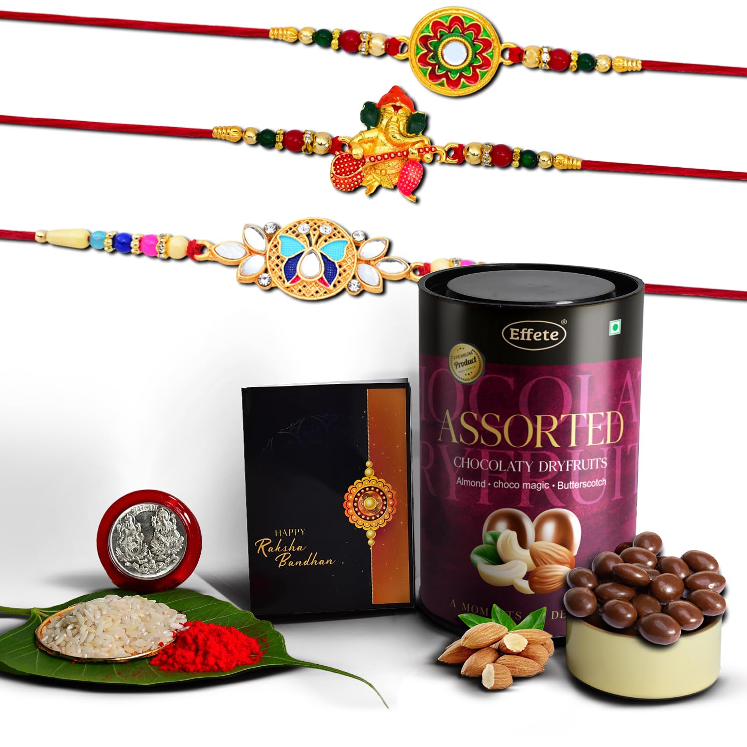 (K3_511+513+514_AS) Rakhi Combo with Assorted Chocolate Dryfruits 96gm, Rakhi for brother with gift, chocolate gift pack, rakhi with Chocolate Gift Hemper, Fancy Rakhis for men, Set of 3 Rakhi