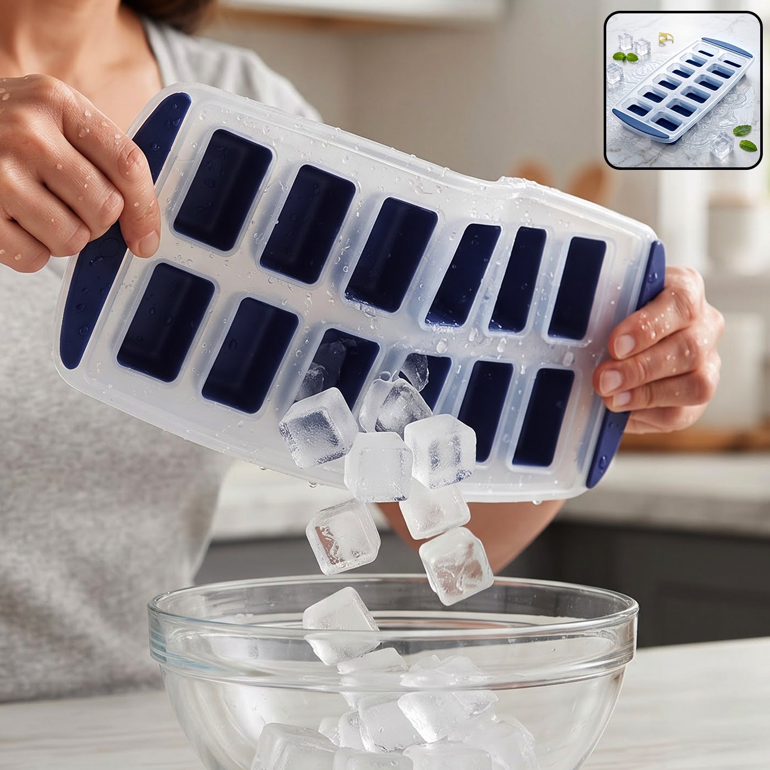Plastic ice cube tray releasing ice cubes