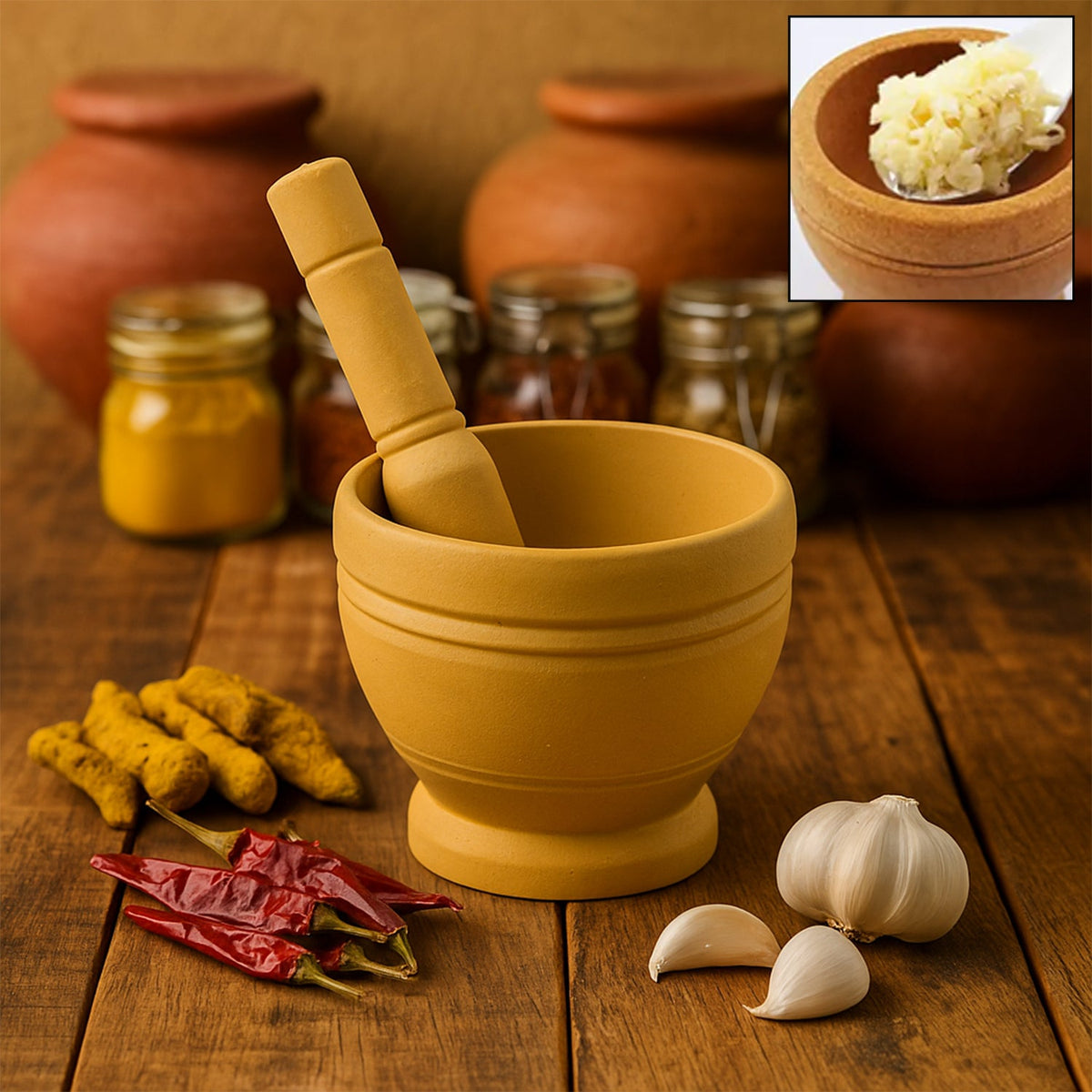 Mortar and pestle set for grinding spices in kitchen