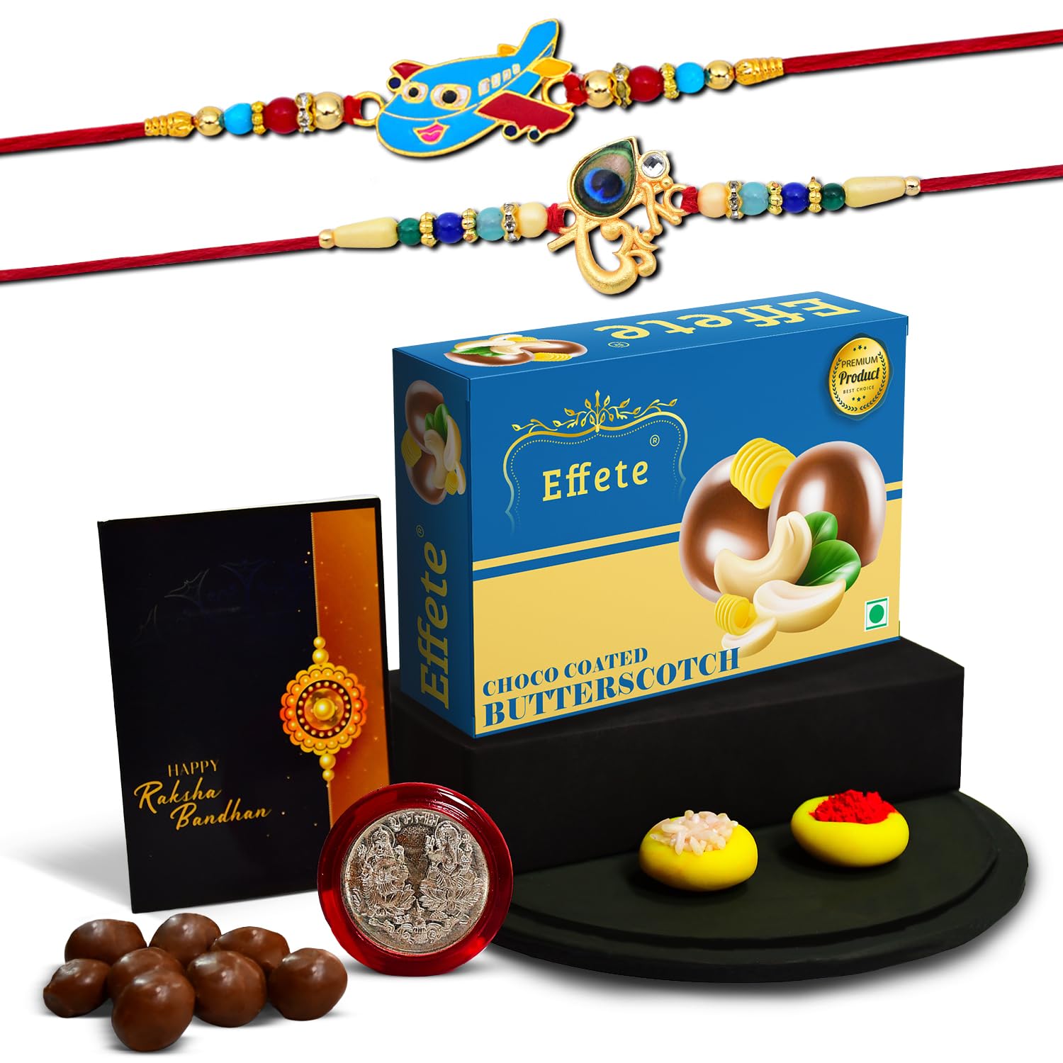 (K2_267+438_BS32) Rakhi Combo with Chocolate Butter Scotch 32gm| Rakhi for brother with gift | Fancy Rakhis for men stylish |rakhi combo for brother | Set of 2 Rakhi | Chocolate |