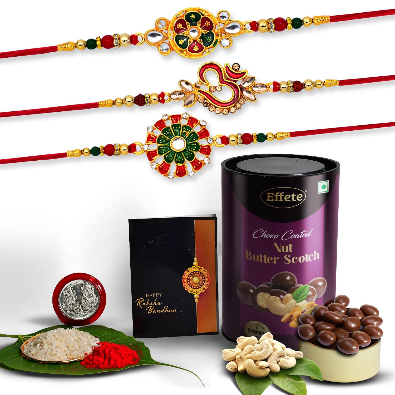 (K3_551+552+553_BS) Rakhi Combo with Chocolate Butter Scotch 96gm | stylish rakhi for brother | Rakhi & Chocolate for brother | rakhi brother | rakhi with gift | handmade rakhi | Set of 3