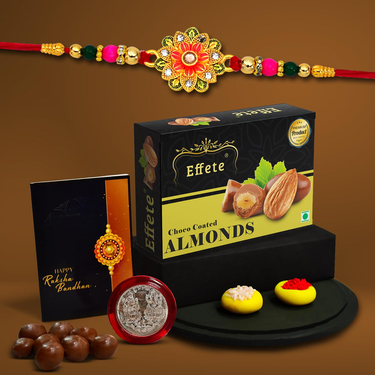 (K1_322_CA32) Rakhi Combo with Chocolate Almonds 32gm | stylish rakhi for brother | Rakhi & Chocolate for brother | rakhi brother | rakhi with gift | handmade rakhi | Set of 1