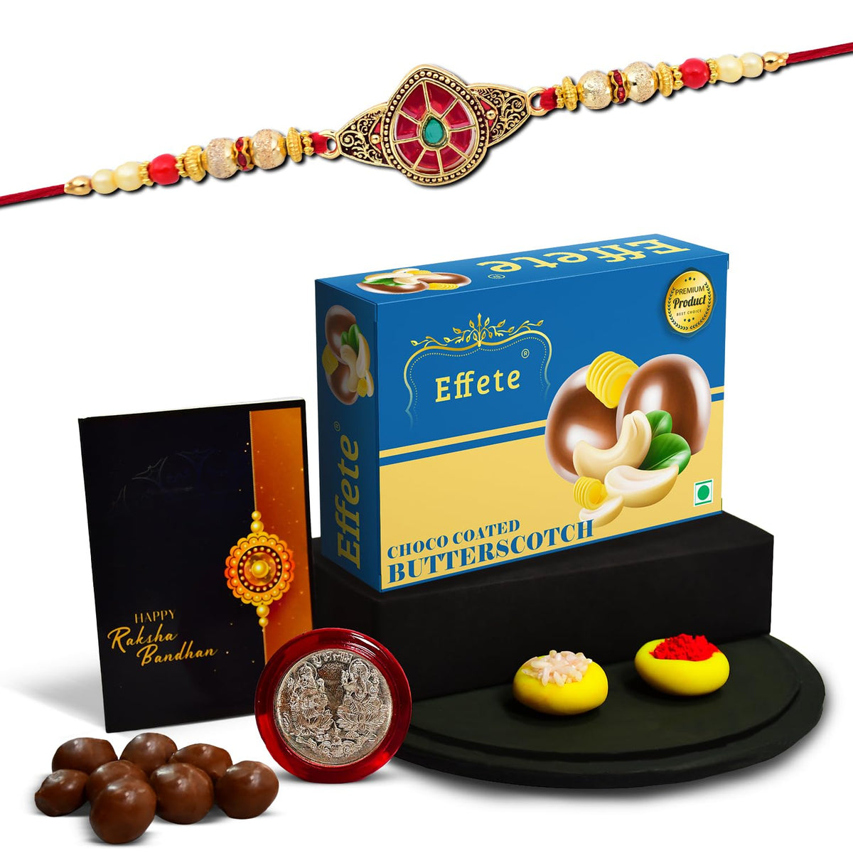 (K1_406_BS32) Rakhi Combo with Chocolate Butter Scotch 32gm, Rakhi for brother with gift, chocolate gift pack, rakhi with Chocolate Gift Hemper, Fancy Rakhis for men, Set of 1 Rakhi