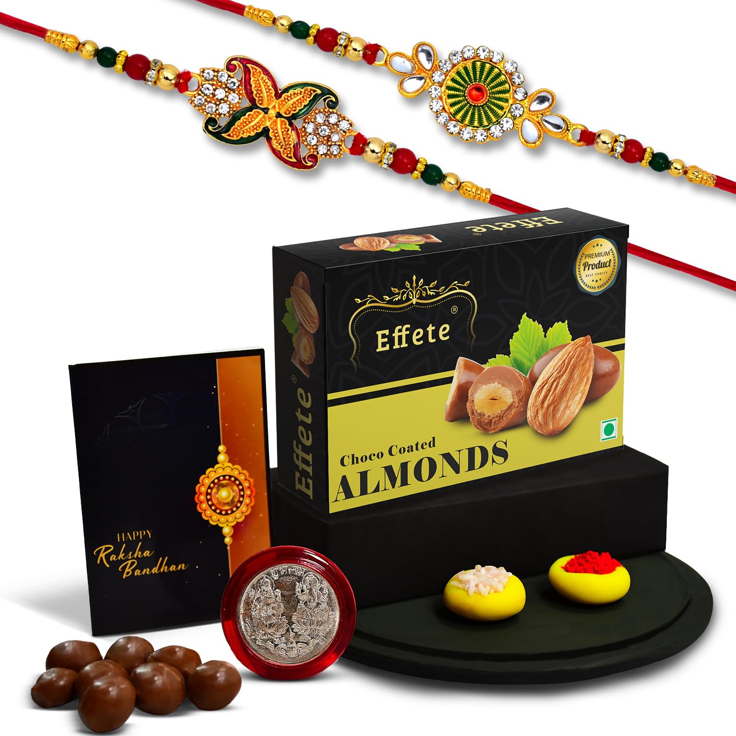 (K2_547+548_CA32) Rakhi Combo & Chocolate Almonds 32gm| Rakhi & Chocolate for brother | Fancy Rakhis for men stylish | rakhi with gift | Rakhi Combo | Set of 2 |  Chocolate