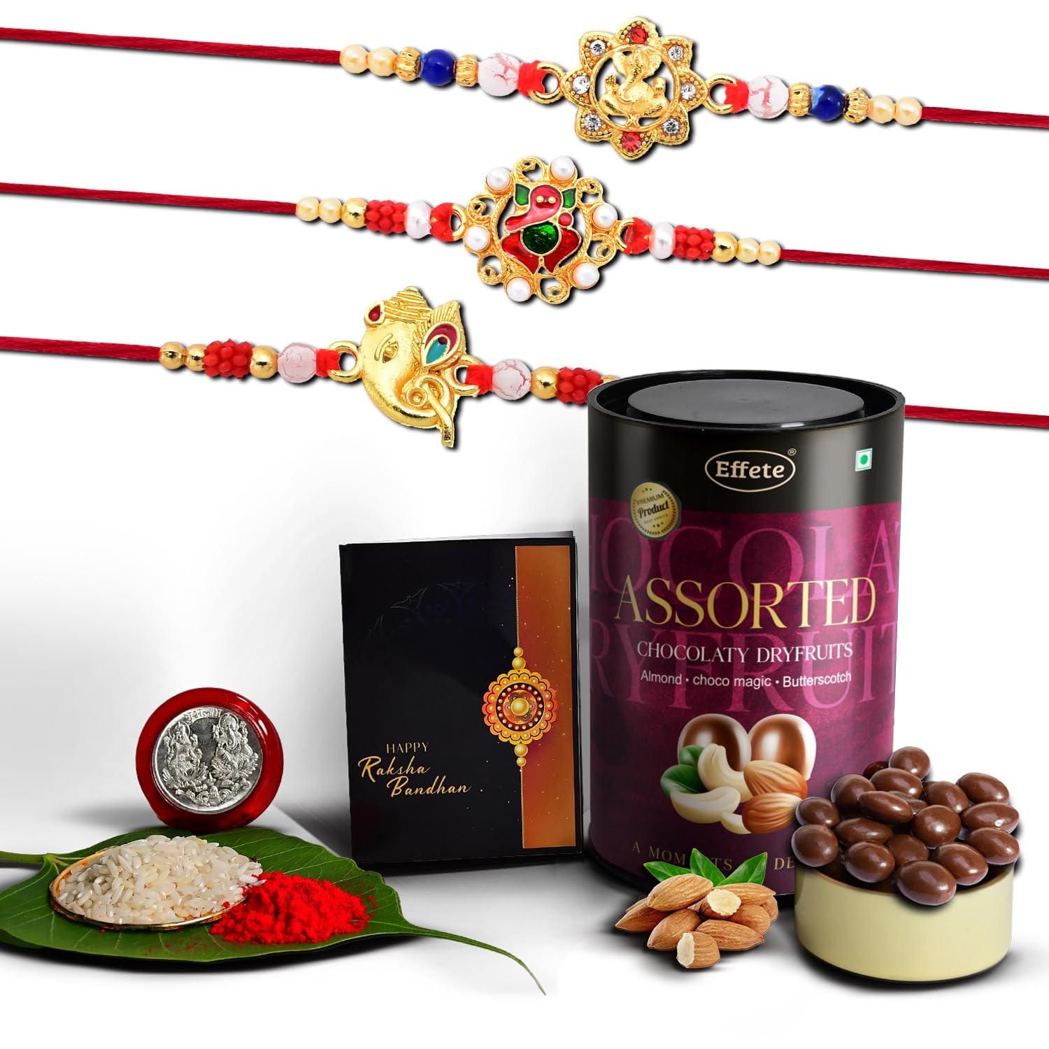 (K3_13+14+15_AS) Rakhi Combo with Assorted Chocolate Dryfruits 96gm, Rakhi & Chocolate for brother, Fancy Rakhis for men stylish, rakhi with gift, Rakhi Combo, Set of 3,  Chocolate