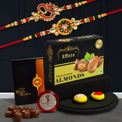 (K2_551+552_CA32) Rakhi Combo with Chocolate Almonds 32gm| Rakhi for brother with gift | chocolate gift pack |rakhi with Chocolate Gift Hemper | Fancy Rakhi for men | Set of 2 |