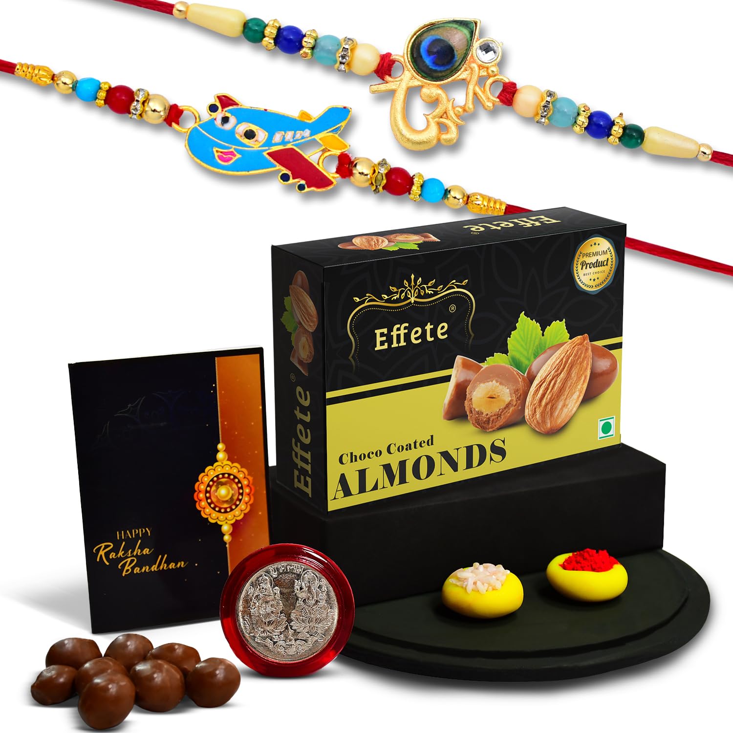 (K2_267+438_CA32) Rakhi Combo with Chocolate Almonds 32gm, Rakhi & Chocolate for brother, Rakhi with chocolate, rakhi with gift, Rakhi Combo, Set of 2 Rakhi, Chocolate