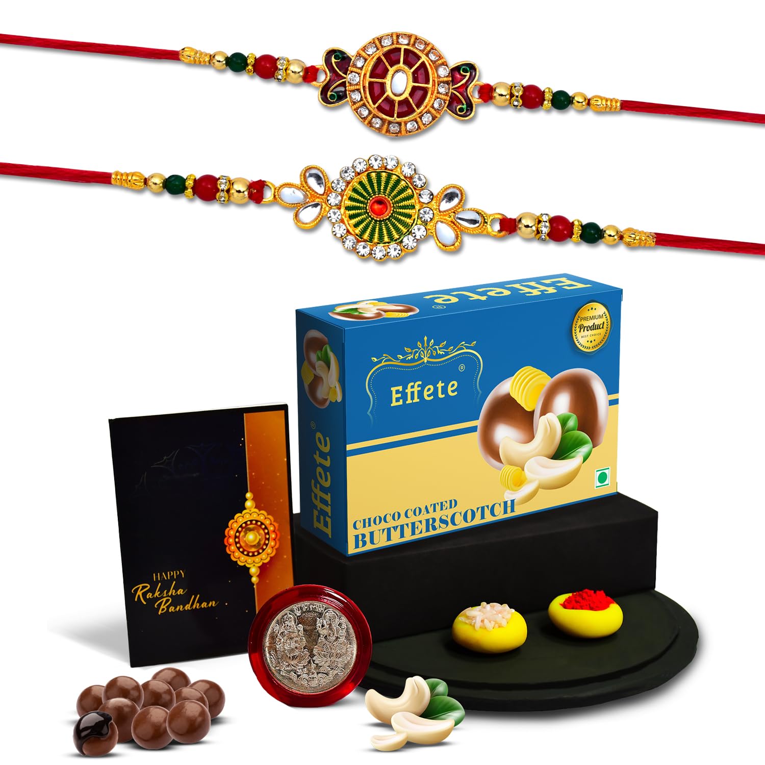 (K2_532+546_BS32) Rakhi Combo with Chocolate Butter Scotch 32gm| Rakhi for brother with gift | chocolate gift pack |rakhi with Chocolate Gift Hemper | Fancy Rakhi for men | Set of 2 |