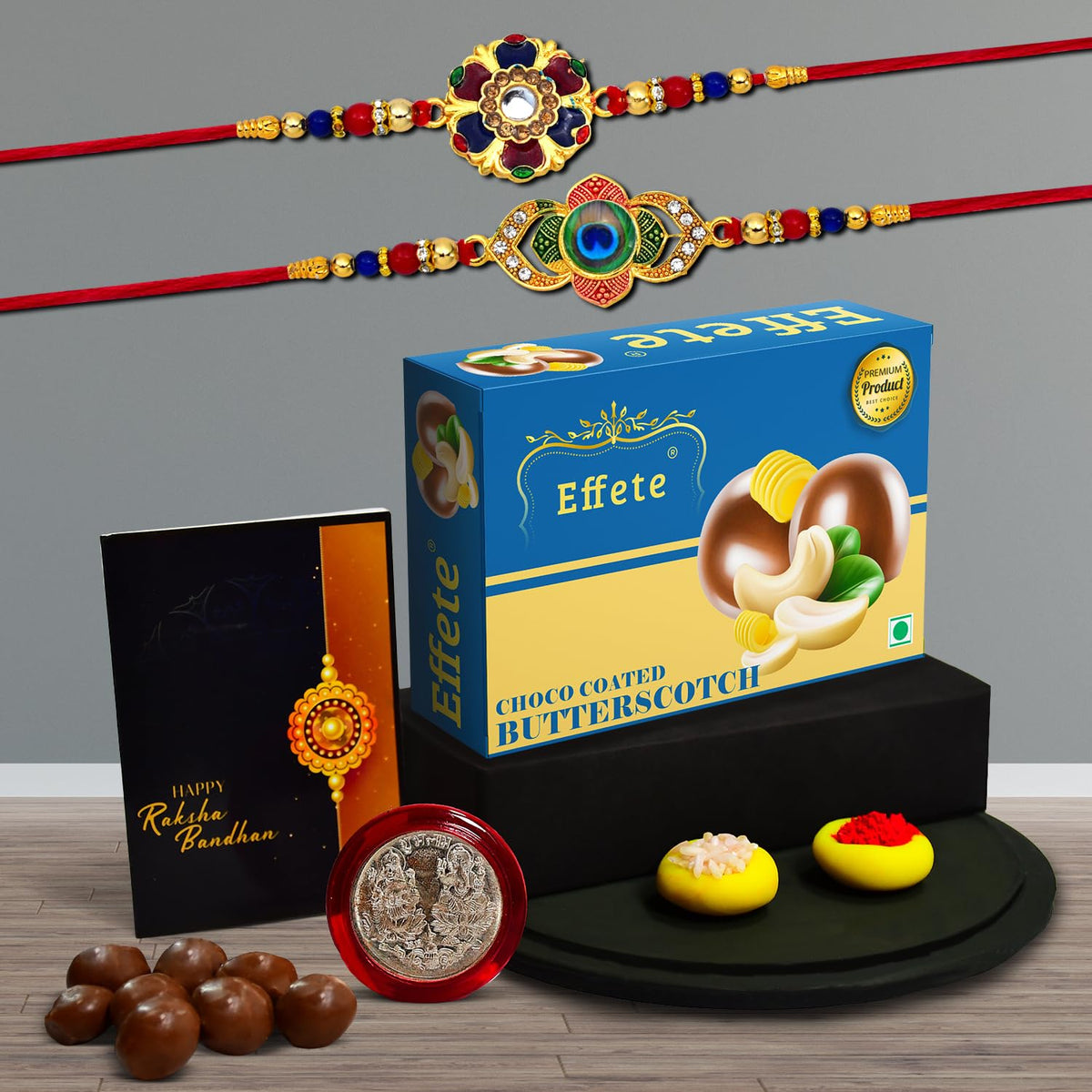 (K2_549+550_BS32) Rakhi Combo with Chocolate Butter Scotch 32gm, stylish rakhi for brother, Rakhi & Chocolate for brother, rakhi brother, rakhi with gift, handmade rakhi, Set of 2 Rakhi