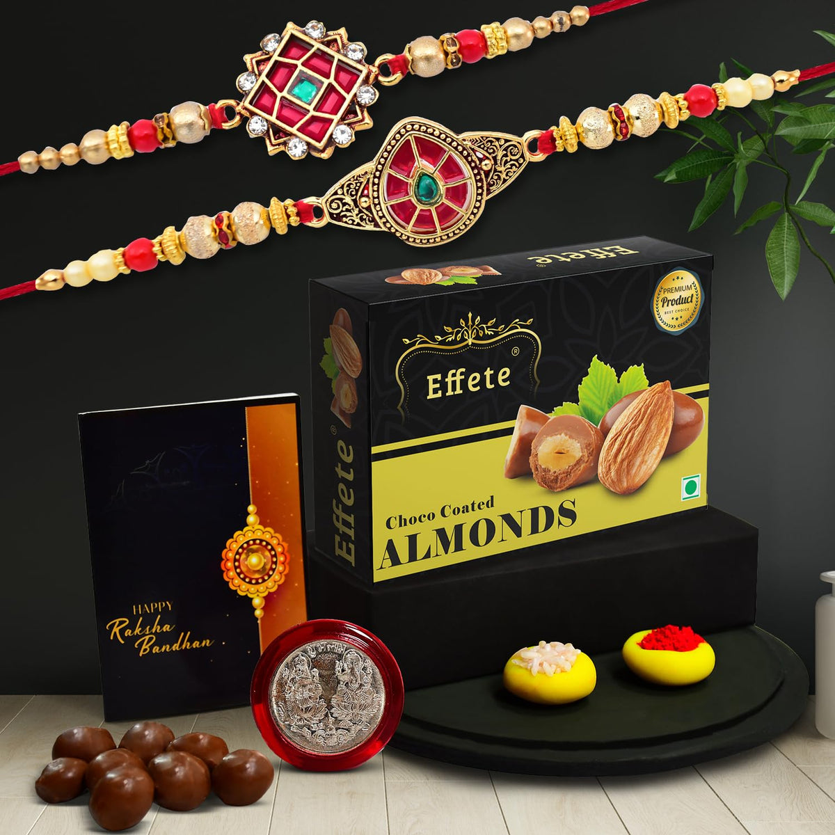 (K2_418+419_CA32) Rakhi Combo with Chocolate Almonds 32gm| Rakhi for brother with gift | chocolate gift pack |rakhi with Chocolate Gift Hemper | Fancy Rakhi for men | Set of 2 |