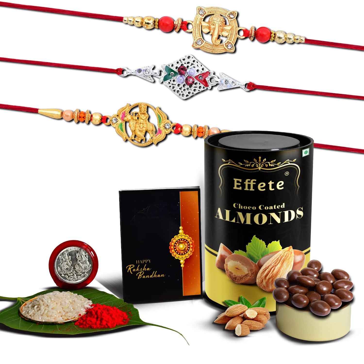 (K3_908+909+A42_CA) Rakhi Combo with Chocolate Almonds 96gm, Rakhi & Chocolate for brother, Fancy Rakhis for men stylish, rakhi with gift, Rakhi Combo, Set of 3,  Chocolate