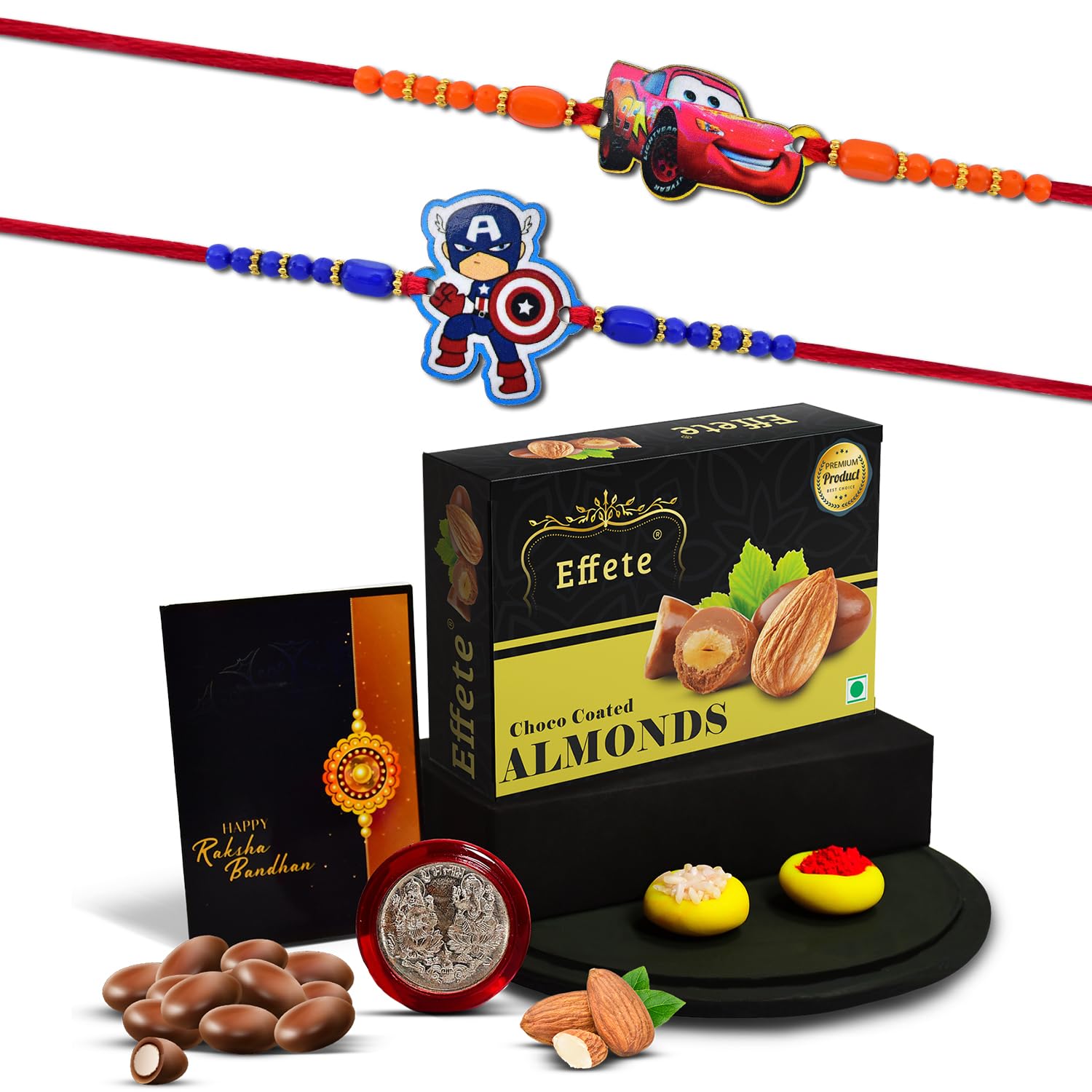 (K2_870+871_CA32) Rakhi Combo with  Chocolate Almonds 32gm, Pooja Coin & Greeting Card, rakhi for kids, rakhi for kids with gift, rakhi gift for brother kids, rakhi with gift for kids, rakhi for brother kids, rakhi with Chocolate Gift Hemper,