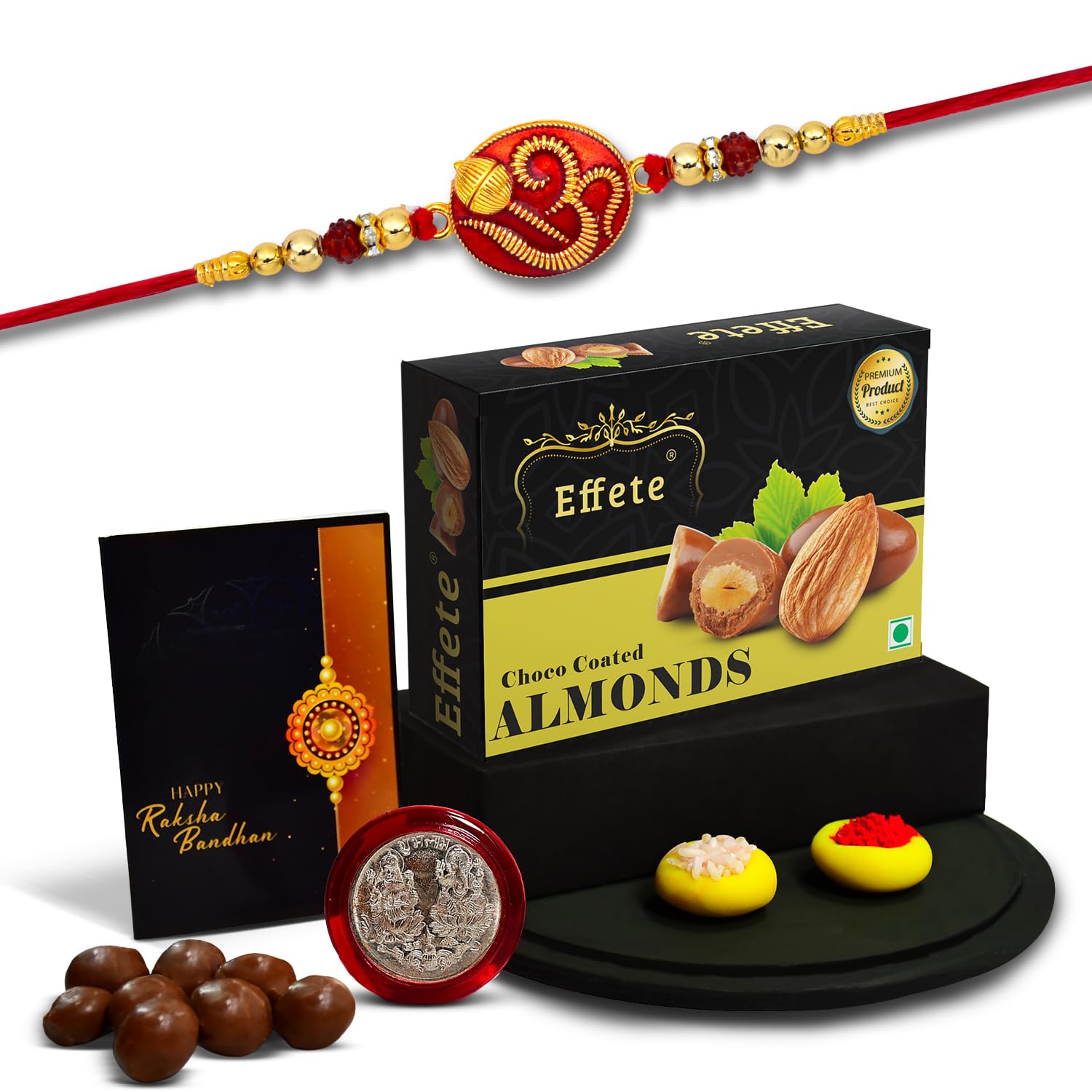 (K1_277_CA32) Rakhi Combo with Chocolate Almonds 32gm| Rakhi for brother with gift | Fancy Rakhis for men stylish |rakhi combo for brother | Set of 1 Rakhi | Chocolate |