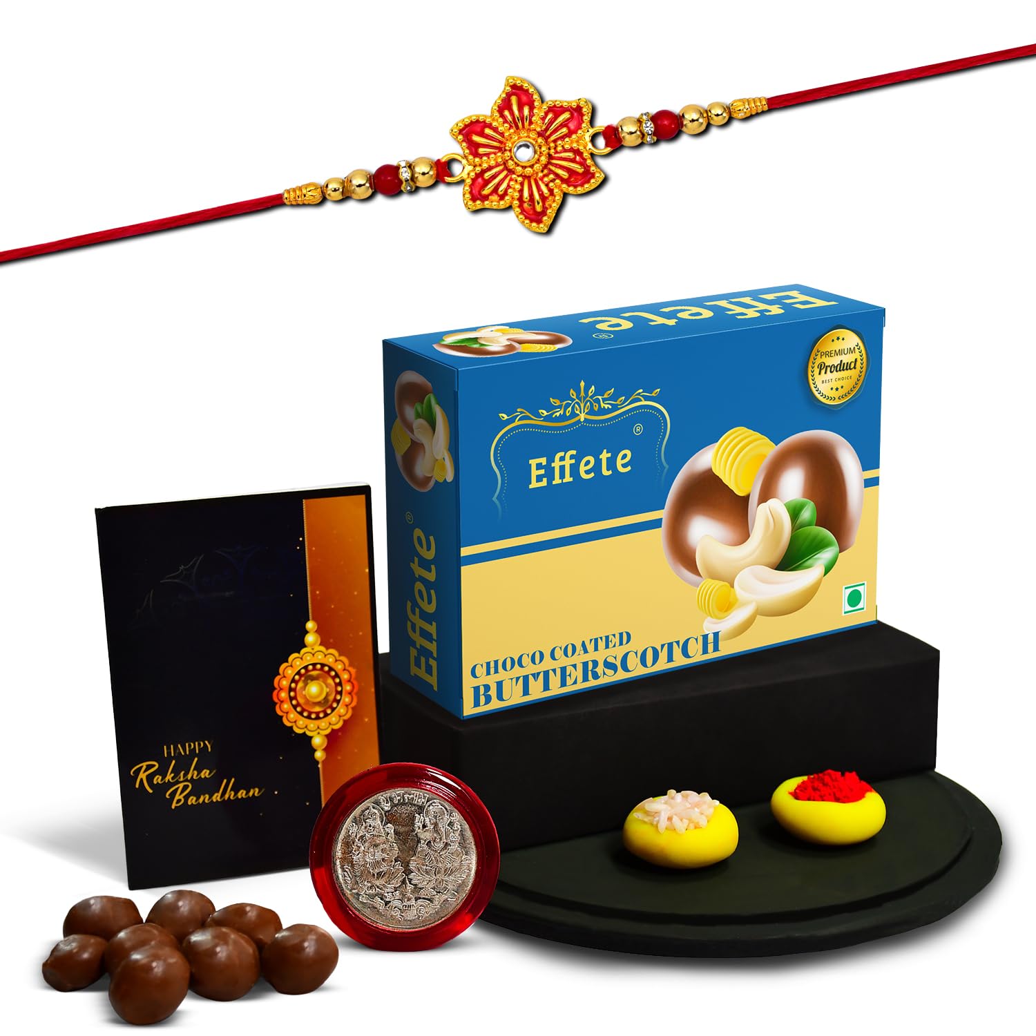 (K1_522_BS32) Rakhi Combo with Chocolate Butter Scotch 32gm, Rakhi for brother with gift, chocolate gift pack, rakhi with Chocolate Gift Hemper, Fancy Rakhis for men, Set of 1 Rakhi