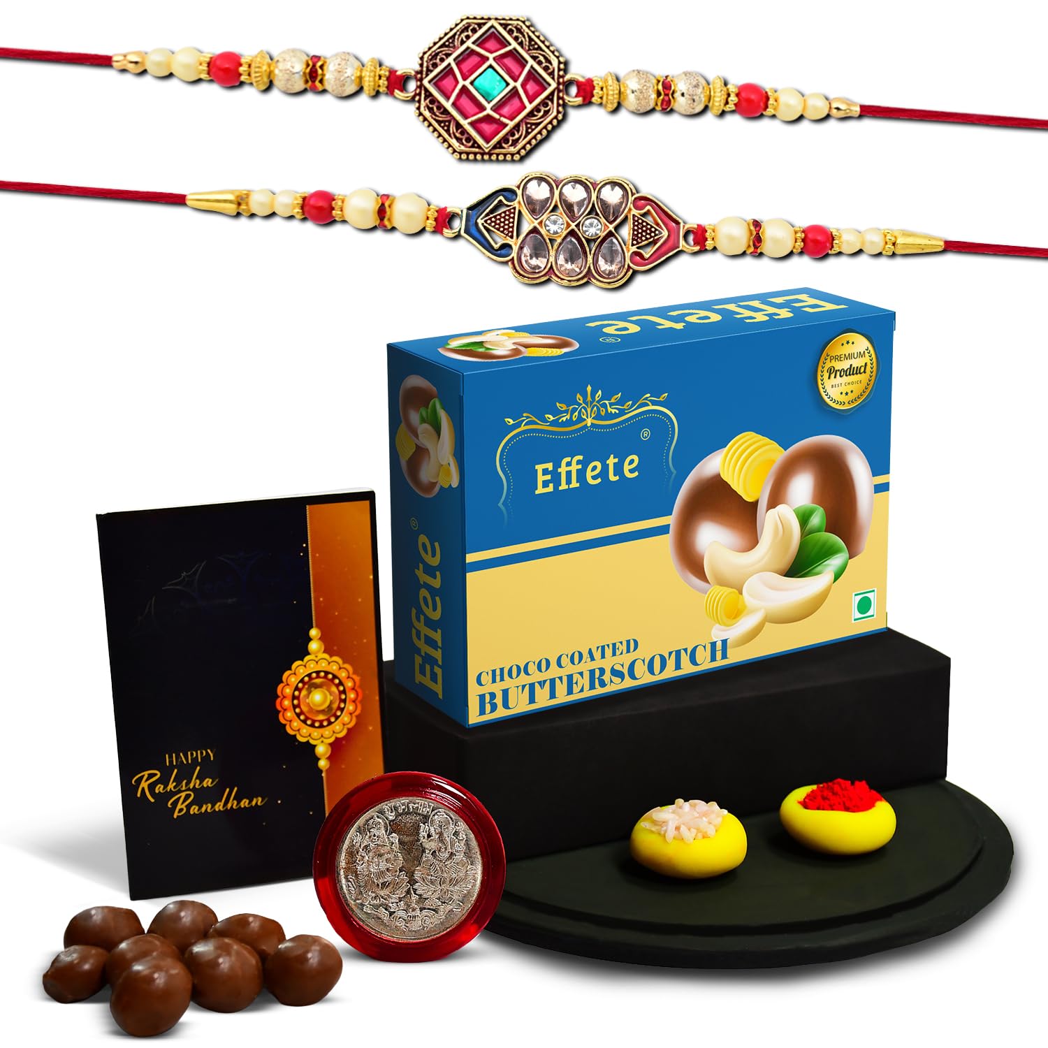 (K2_420+421_BS32) Rakhi Combo with Chocolate Butter Scotch 32gm, Rakhi for brother with gift, chocolate gift pack, rakhi with Chocolate Gift Hemper, Fancy Rakhis for men, Set of 2 Rakhi
