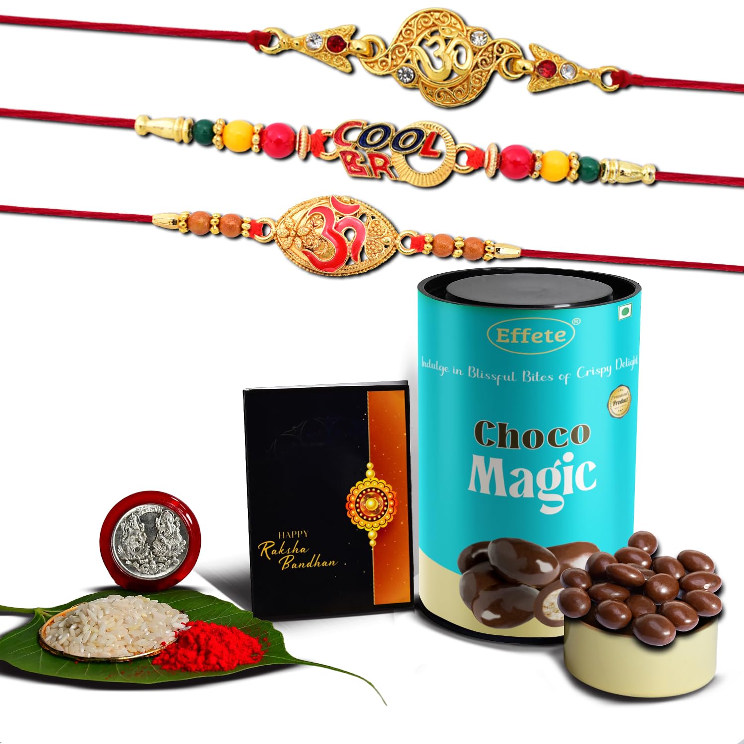 (K3_403+404+406_CM) Rakhi Combo with Chocolate Magic, Rakhi for brother with gift, chocolate gift pack, rakhi with Chocolate Gift Hemper, Fancy Rakhis for men, Set of 3 Rakhi