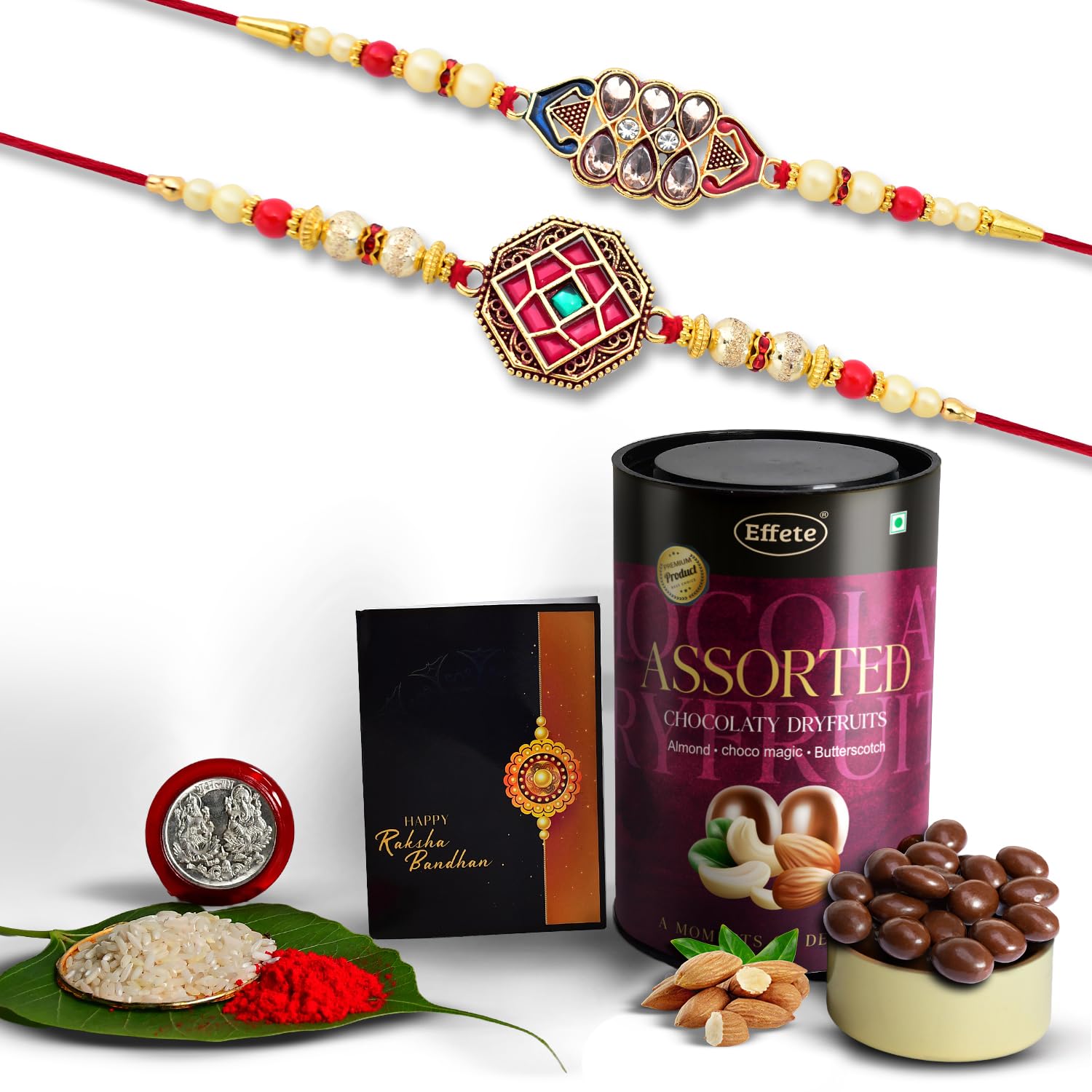 (K2_420+421_AS) Rakhi Combo with Assorted Chocolate Dryfruits 96gm, stylish rakhi for brother, Rakhi & Chocolate for brother, rakhi brother, rakhi with gift, handmade rakhi, Set of 2 Rakhi
