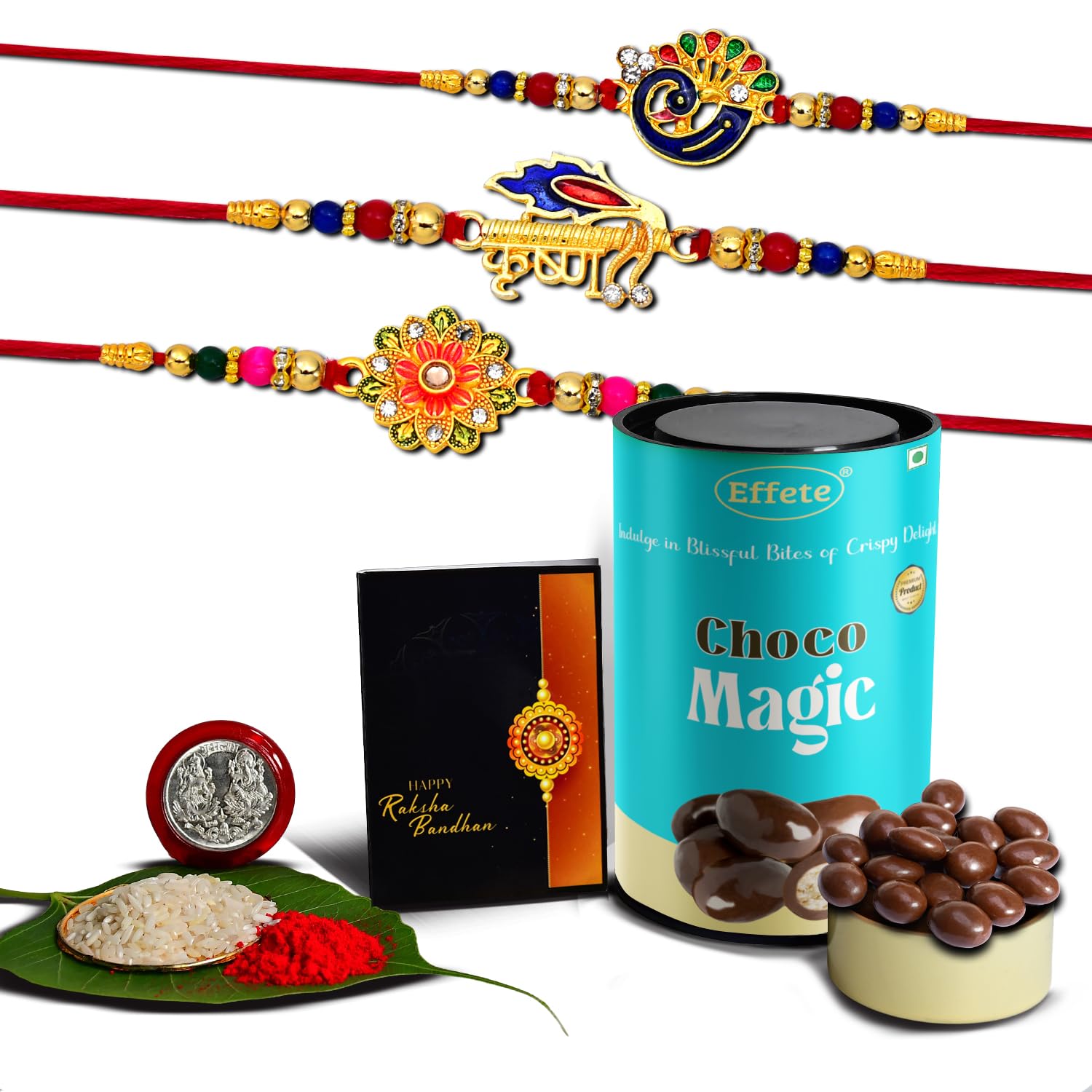 (K3_320+321+322_CM) Rakhi Combo with Chocolate Magic | Rakhi for brother with gift | chocolate gift pack |rakhi with Chocolate Gift Hemper | Fancy Rakhi for men | Set of 3 |