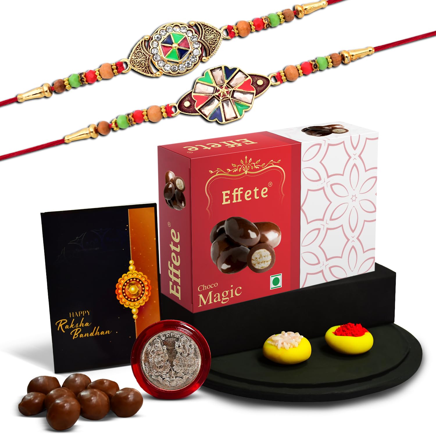 (K2_416+417_EM32) Rakhi Combo with Chocolate Magic 32gm, Rakhi for brother with gift, chocolate gift pack, rakhi with Chocolate Gift Hemper, Fancy Rakhis for men, Set of 2 Rakhi