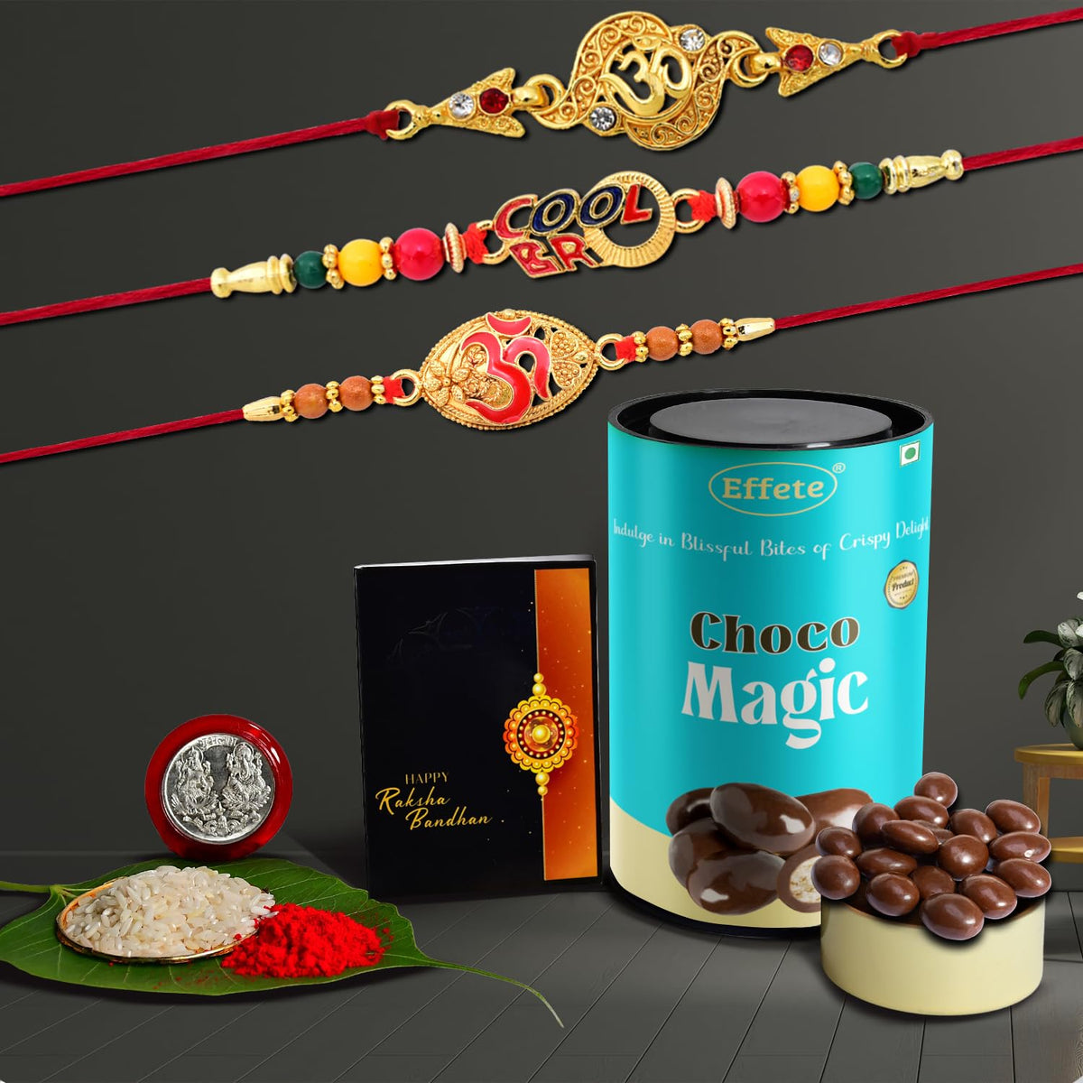 (K3_403+404+406_CM) Rakhi Combo with Chocolate Magic, Rakhi for brother with gift, chocolate gift pack, rakhi with Chocolate Gift Hemper, Fancy Rakhis for men, Set of 3 Rakhi