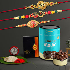 (K3_403+404+406_CM) Rakhi Combo with Chocolate Magic, Rakhi for brother with gift, chocolate gift pack, rakhi with Chocolate Gift Hemper, Fancy Rakhis for men, Set of 3 Rakhi