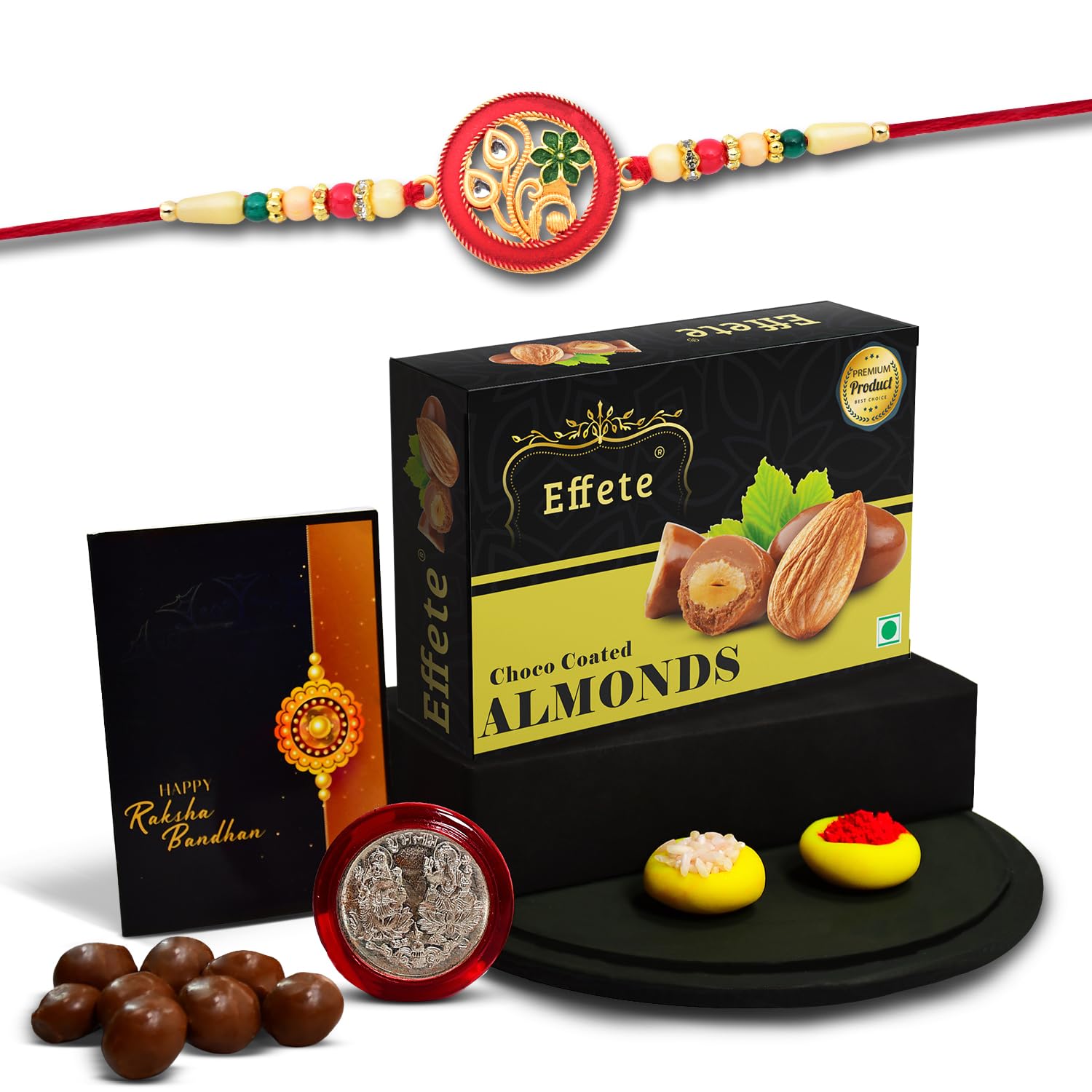 (K1_518_CA32) Rakhi Combo with Chocolate Almonds 32gm| Rakhi for brother with gift | chocolate gift pack |rakhi with Chocolate Gift Hemper | Fancy Rakhi for men | Set of 1 |
