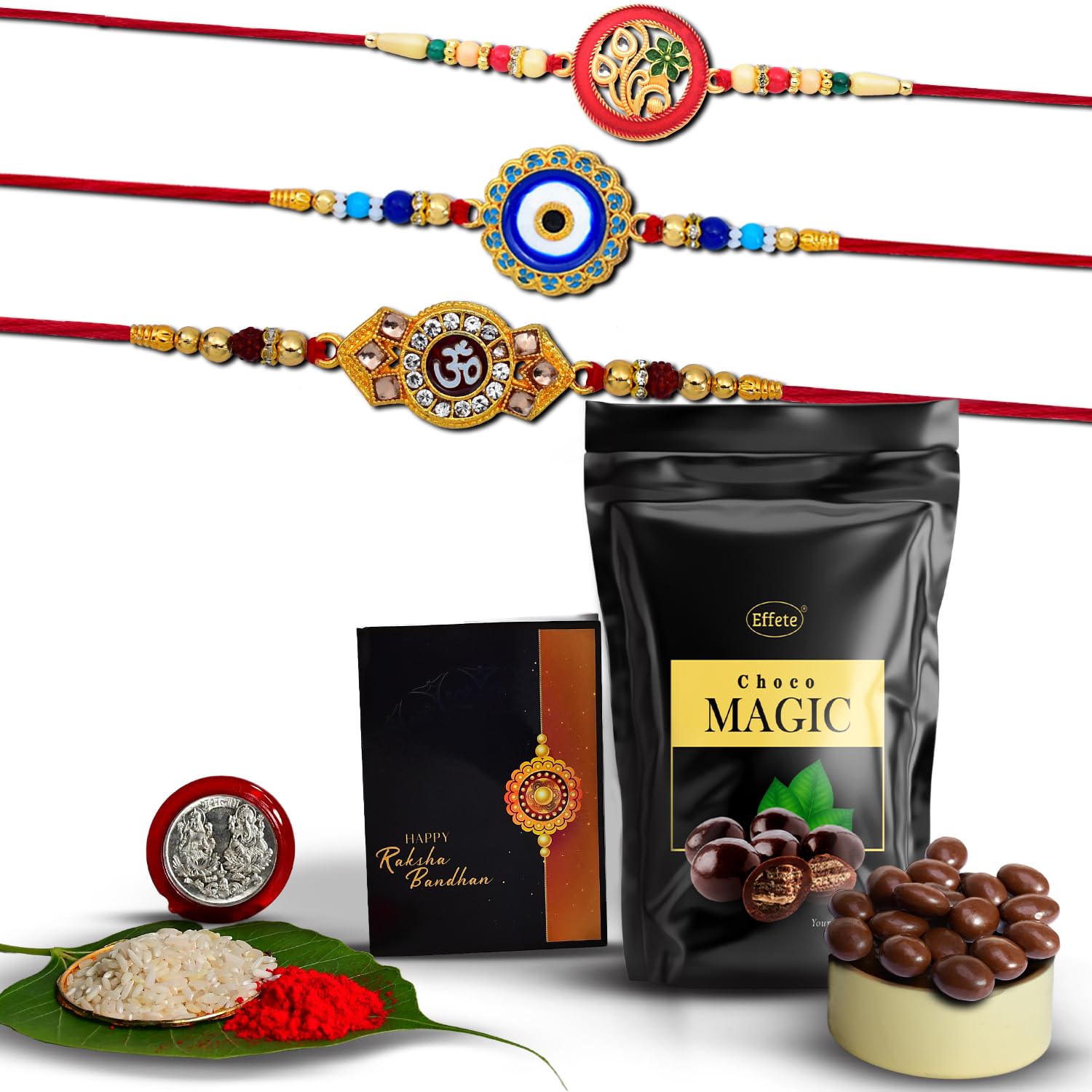 (K3_516+517+518_SM) Rakhi Combo with Choco Magic (Pouch), Rakhi for brother with gift, chocolate gift pack, rakhi with Chocolate Gift Hemper, Fancy Rakhis for men, Set of 3 Rakhi