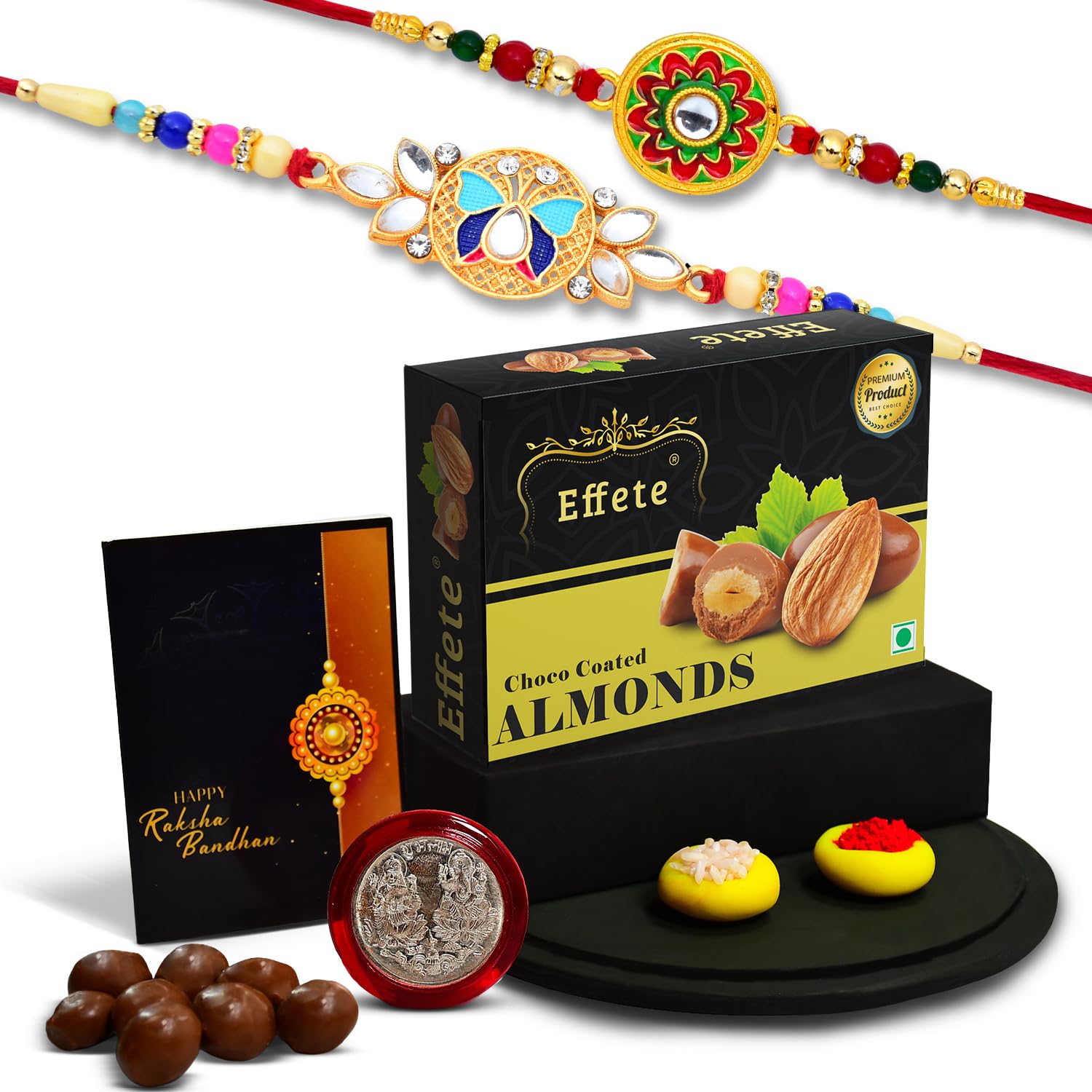 (K2_513+514_CA32) Rakhi Combo with Chocolate Almonds 32gm| Rakhi for brother with gift | Fancy Rakhis for men stylish |rakhi combo for brother | Set of 2 Rakhi |  Chocolate |
