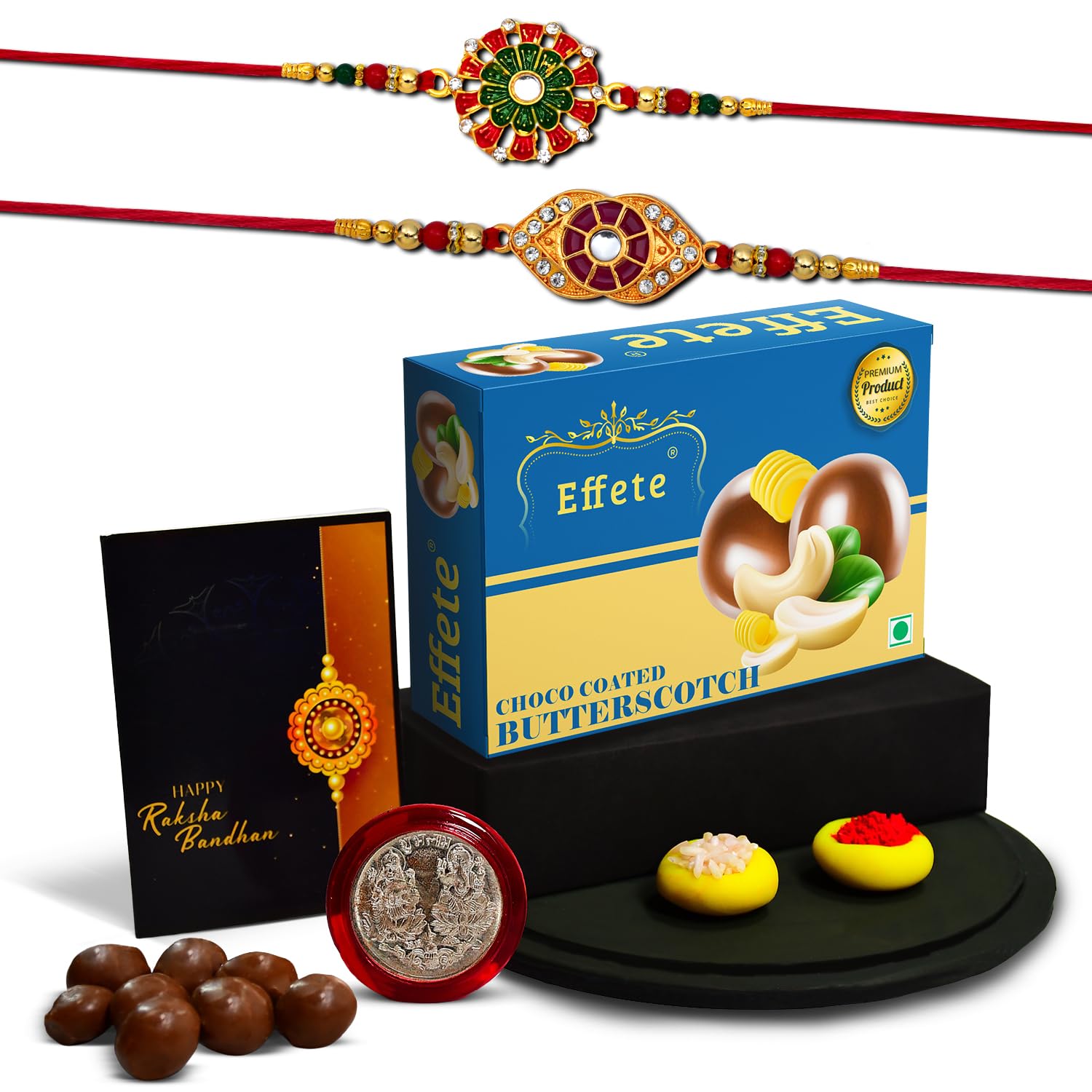 (K2_553+554_BS32) Rakhi Combo with Chocolate Butter Scotch 32gm, Rakhi for brother with gift, chocolate gift pack, rakhi with Chocolate Gift Hemper, Fancy Rakhis for men, Set of 2 Rakhi