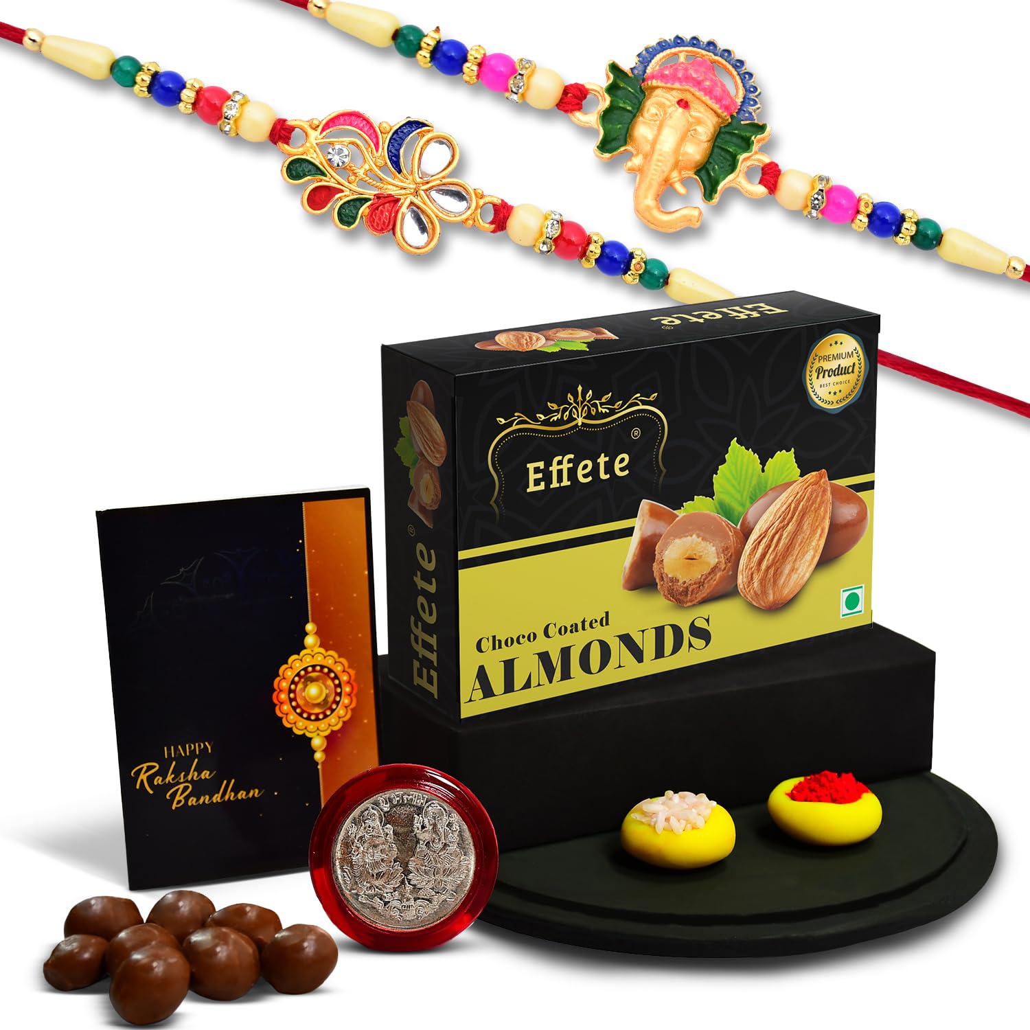 (K2_555+556_CA32) Rakhi Combo with Chocolate Almonds 32gm, stylish rakhi for brother, Rakhi & Chocolate for brother, rakhi brother, rakhi with gift, handmade rakhi, Set of 2 Rakhi