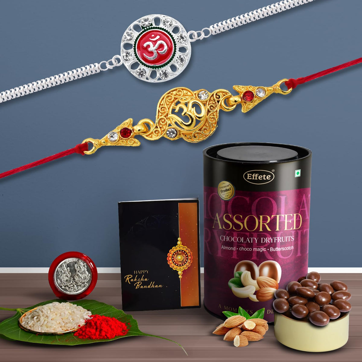 (K2_404+C8_AS) Rakhi Combo with Assorted Chocolate Dryfruits 96gm, Rakhi & Chocolate for brother, Rakhi with chocolate, rakhi with gift, Rakhi Combo, Set of 2 Rakhi, Chocolate