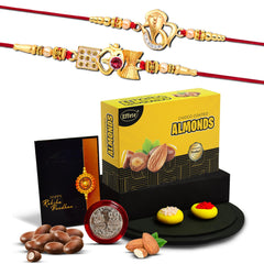 (K2_412+413_Ea32) Rakhi Combo With Chocolate Almond 32Gm, Pooja Coin & Greeting Card | Rakhi Gift Hamper | Rakhi For Brother With Gift | Chocolate Gift Pack, Set Of 2 |