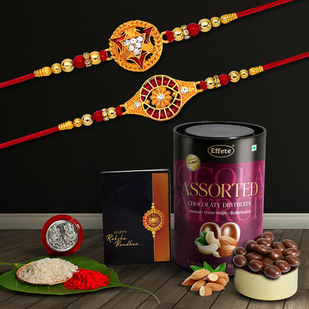 (K2_324+325_AS) Rakhi with Assorted Chocolate Dryfruits 96gm| Rakhi for brother with gift | handmade rakhi |rakhi combo for brother | stylish rakhi for brother | Set of 2 Rakhi |