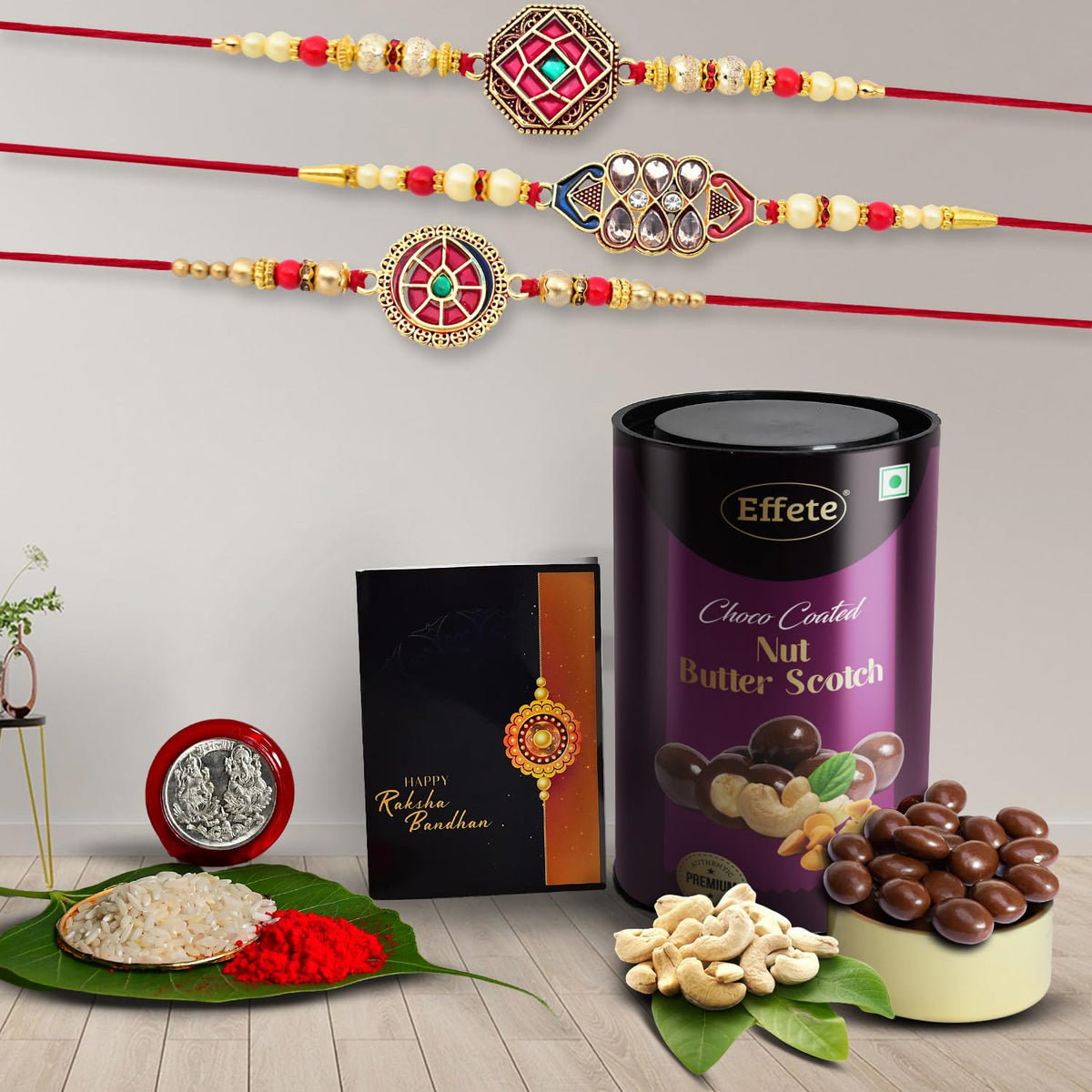 (K3_420+421+422_BS) Rakhi Combo with Chocolate Butter Scotch 96gm, Rakhi & Chocolate for brother, Rakhi with chocolate, rakhi with gift, Rakhi Combo, Set of 3 Rakhi,  Chocolate