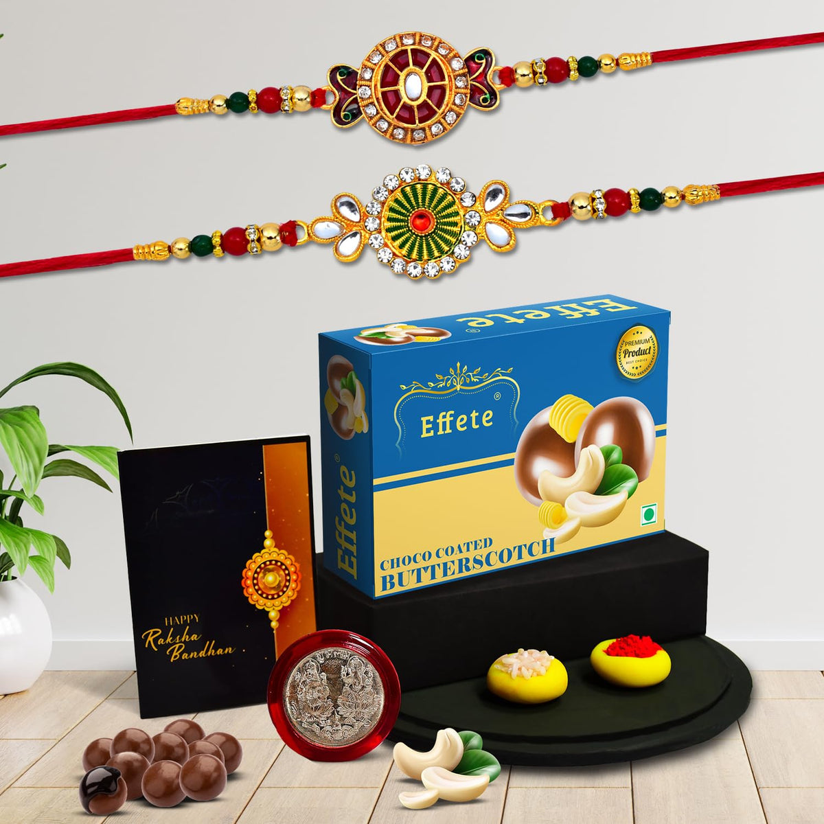 (K2_532+546_BS32) Rakhi Combo with Chocolate Butter Scotch 32gm| Rakhi for brother with gift | chocolate gift pack |rakhi with Chocolate Gift Hemper | Fancy Rakhi for men | Set of 2 |