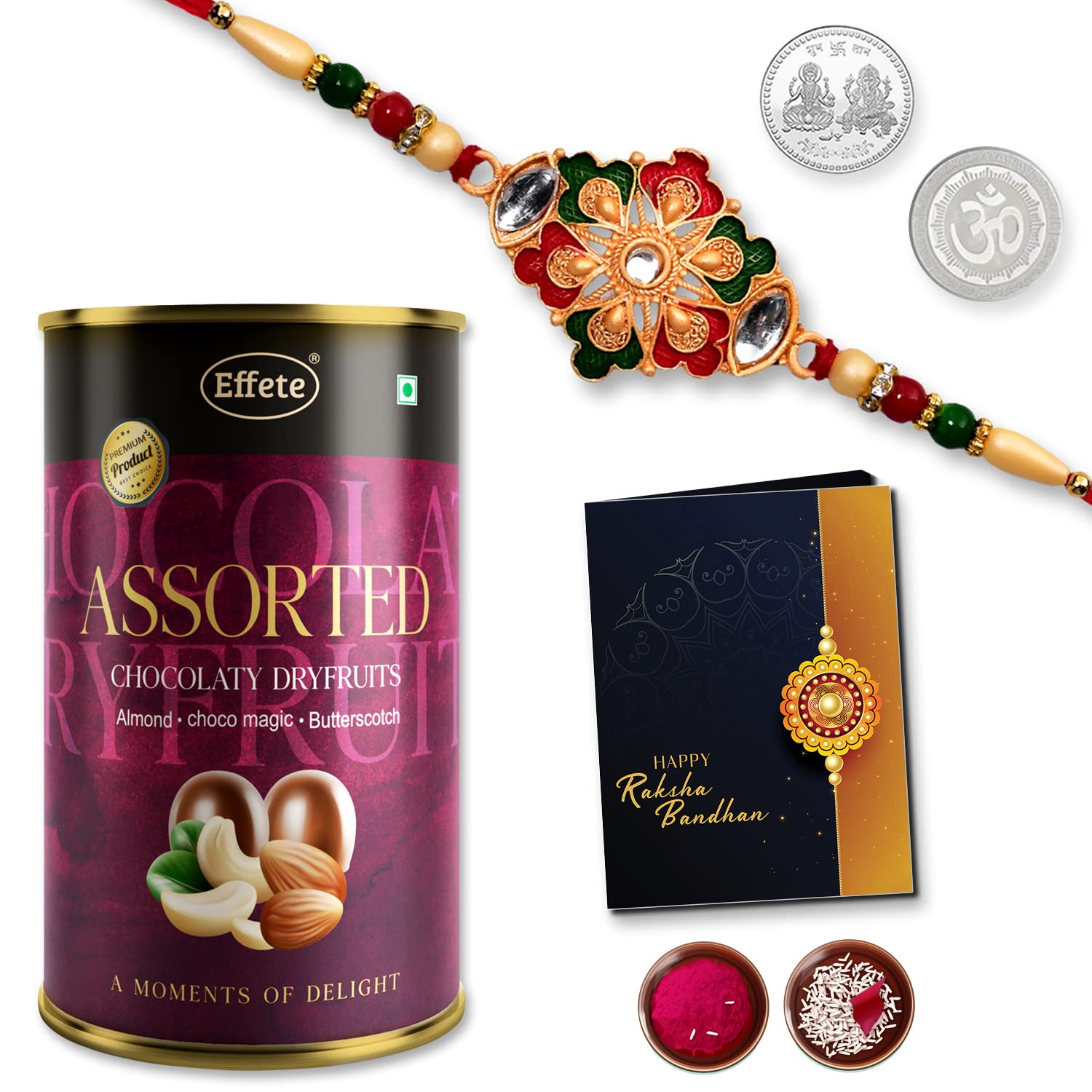 (K1_426_AS) Rakhi Combo with Assorted Chocolate Dryfruits 96gm, stylish rakhi for brother, Rakhi & Chocolate for brother, rakhi brother, rakhi with gift, handmade rakhi, Set of 1 Rakhi
