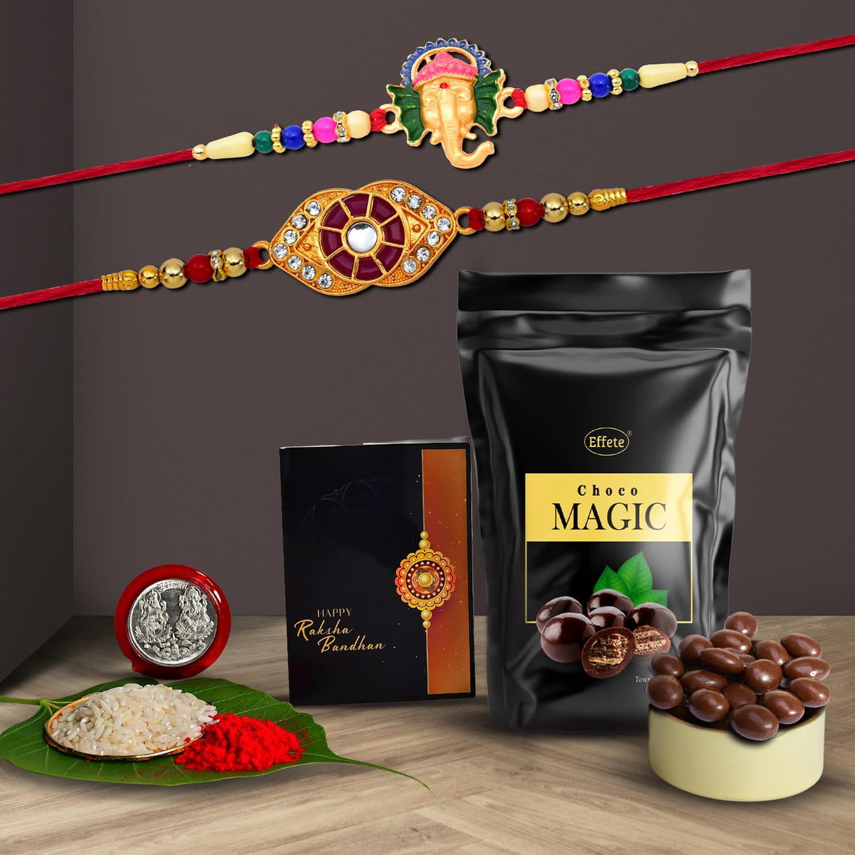(K2_554+555_SM) Rakhi Combo with Choco Magic (Pouch)| Rakhi for brother with gift | chocolate gift pack |rakhi with Chocolate Gift Hemper | Fancy Rakhi for men | Set of 2 |
