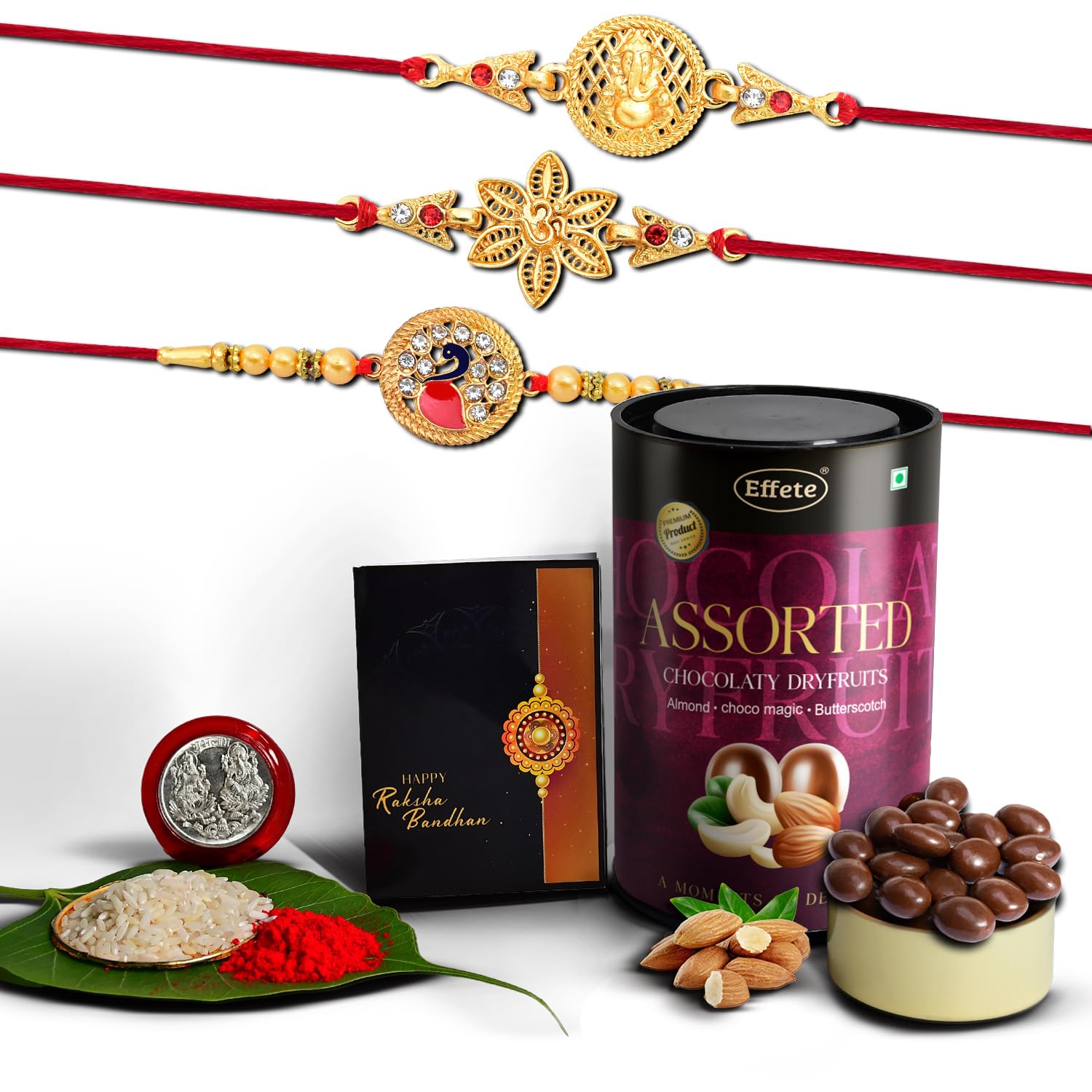 (K3_431+432+433_AS) Rakhi Combo with Assorted Chocolate Dryfruits 96gm, stylish rakhi for brother, Rakhi & Chocolate for brother, rakhi brother, rakhi with gift, handmade rakhi, Set of 3 Rakhi