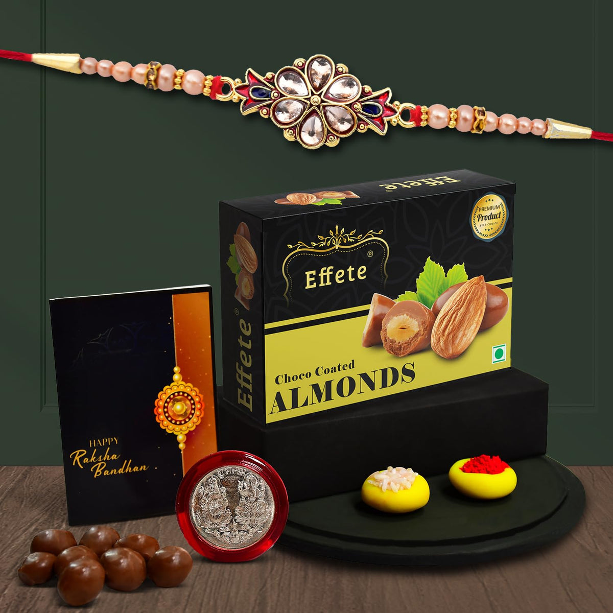 (K1_429_CA32) Rakhi with Chocolate Almonds 32gm| Rakhi for brother with gift | handmade rakhi |rakhi combo for brother | stylish rakhi for brother | Set of 1 Rakhi |